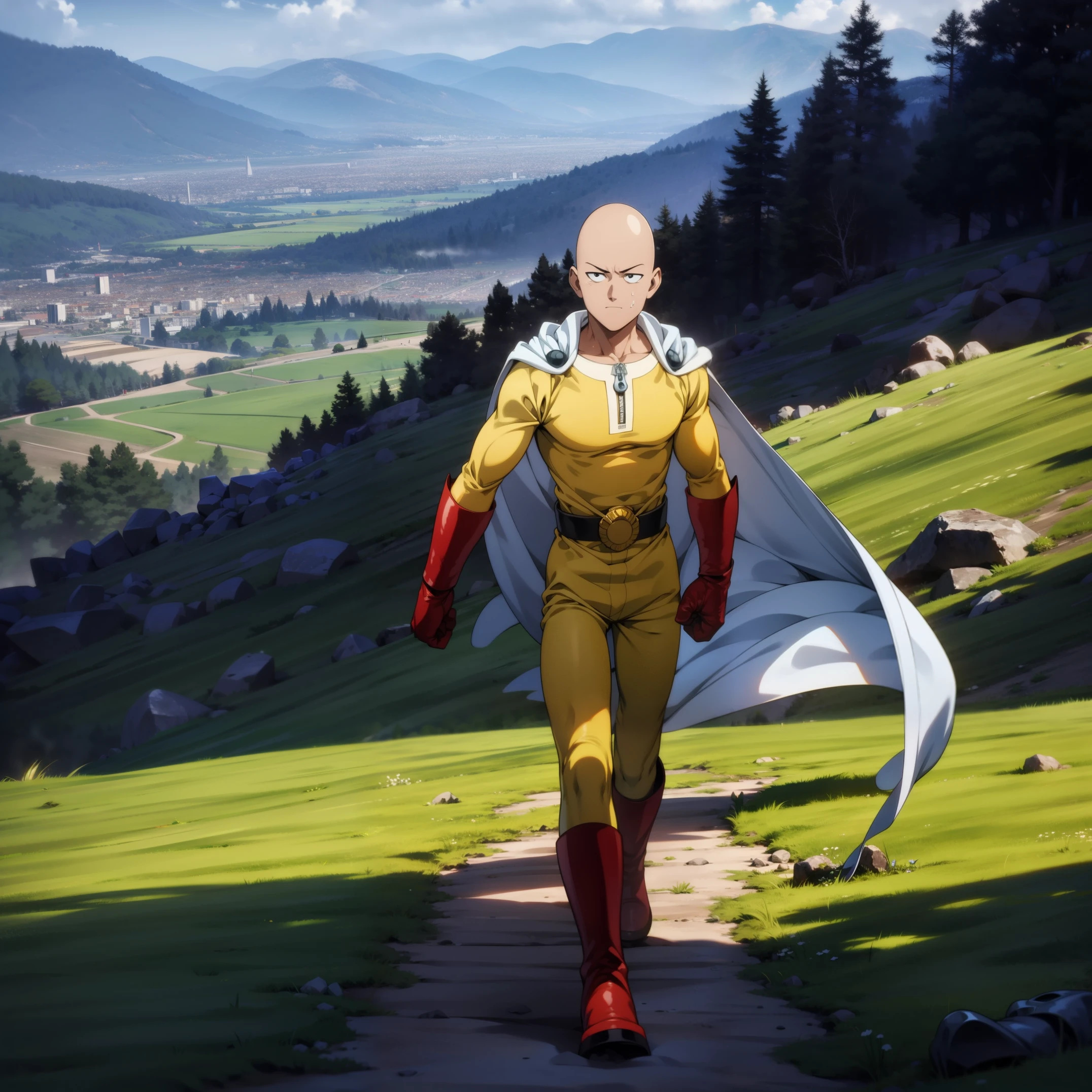 masterpiece, best quality, 1boy, (saitama), bald head, black eyes, red gloves and red boots, yellow clothes and white cape, standing on mountain, angry face, completely mad, fighting position, posting to giving punch, sunny day, beautiful mountain hills and forests, beautiful scenery, detailed face, evil smile, aura power, night, natural light, standing, male focus, strong muscles, movie composition, deth of field, bokeh, (futuristic), (full body),