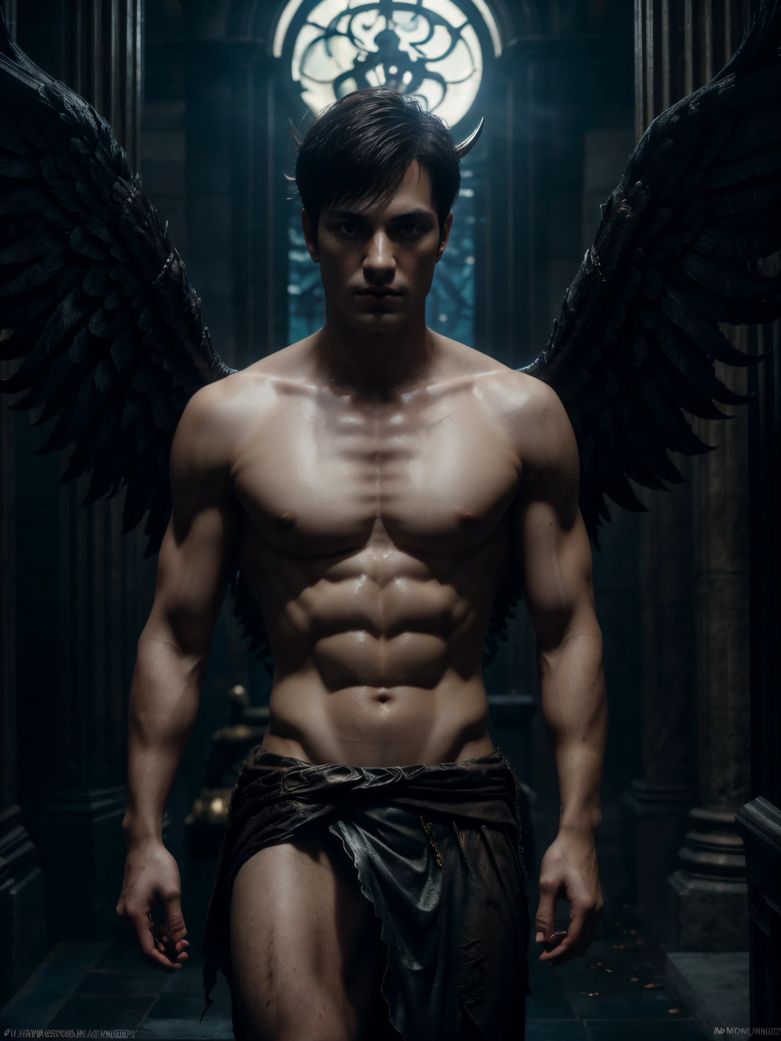 ((masterpiece)),((bestquality)),8k, high detailed, ultra-detailed, Stylish Pose, real skin texture, cinematic lighting, 18 year old male model, handsome, cute looking, evil look, demon horns, white pale skin, blue eyes, short brown messy hair, strong jawline, masculine, defined fit body, hairless chest, shirtless, pantless, sinister aesthetic. gothic architecture, burning ground, (black massive huge Angel wings), barelegged, barefoot, spartan loincloth, male skirt,,, dim light, dark atmosphere, cinematic lighting, backlight, Depth of field, award-winning photography, elegant, hyperrealistic, octane render, unreal, high definition, 8k resolution, highly detailed, 8k uhd, professional lighting, photon mapping, radiosity, physically-based rendering