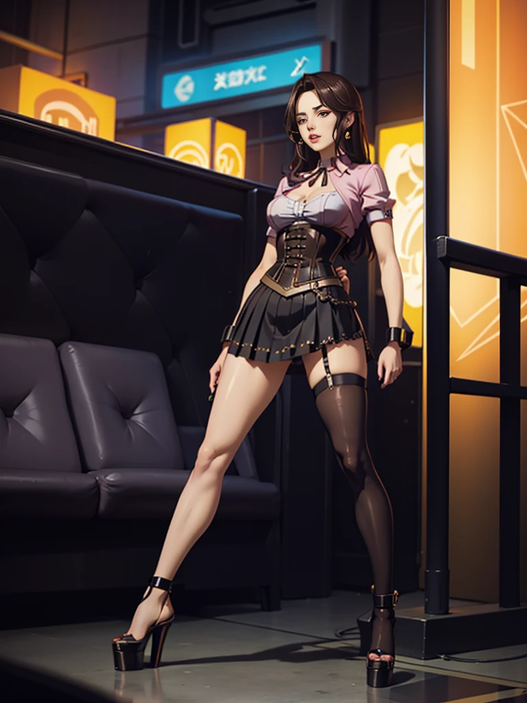 (gotou airi):1.2, (full body, solo, 1girl), (gyaru, goth:0.5, bimbo, (long legs, thick thighs, narrow waist, wide hips), thick lips), lipstick, long eyelashes, long dark hair, (thin toned body, cyberpunk corset). ( long skirt, holographic arab skirt, tight steampunk skirt):1.2. (luminescent neon sexy platform heels, futuristic translucent legwear, reflective accessories):1.2, mature detailed face, detailed body