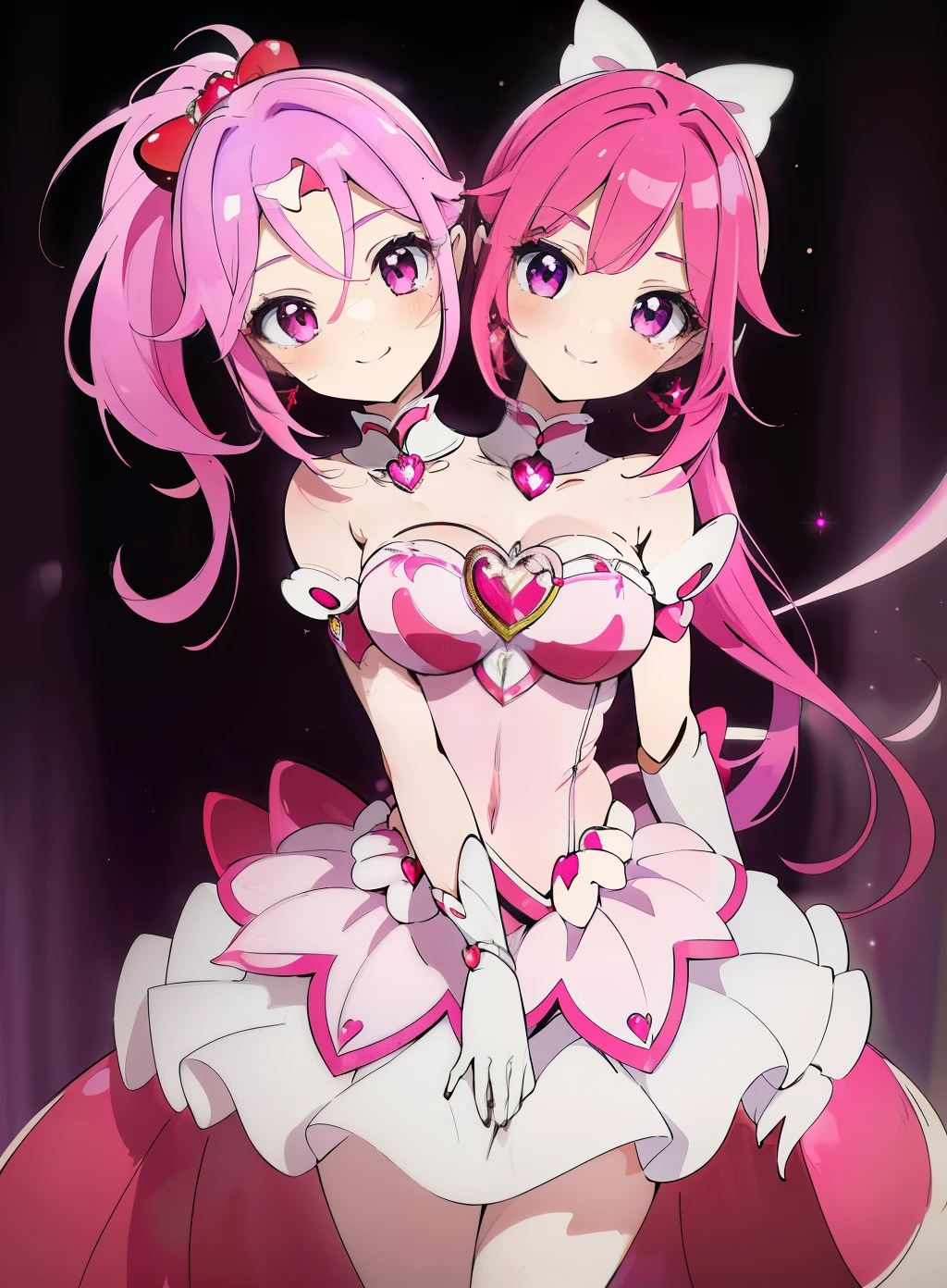 best quality, (masterpiece),(ultra-detailed), (high quality), (high resolution), (2heads:1.5) 1girl,(hot pink hair), purple eyes, hair ornaments, red armor chest piece, same hair color, teenage girl,((red magical girl)), magical girl, gentle smile, high school background, high ponytail, white collar