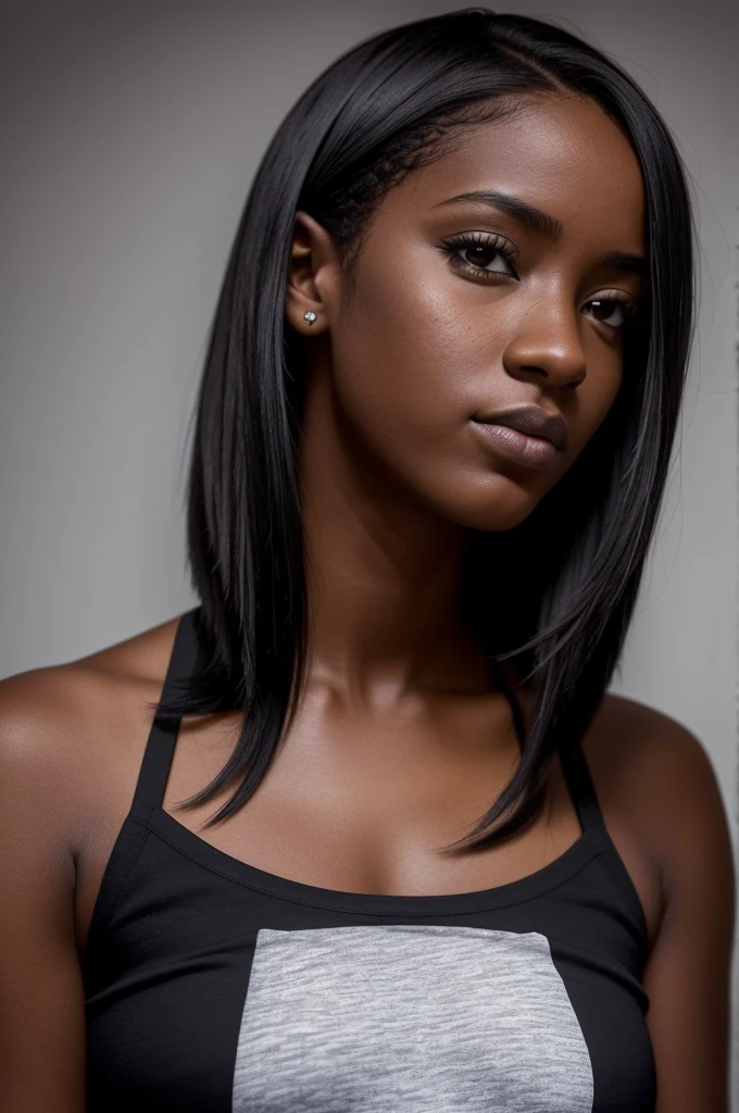 Obra maestra, (La mejor calidad:1.5), Altamente detallado, (Foto real:1.2) de mujer joven alta y delgada, dark skin, Parte superior del cuerpo, 64k, oscuridad, Accent lighting, 100mm, alto contraste,  fondo, Sin duda alguna, ((corto:1.5)) cabello rizado, camiseta sin mangas negra, ((Sombras:1.2)), centrado, Looking at the camera, (aesthetic:1.3), small breasts, skin imperfection