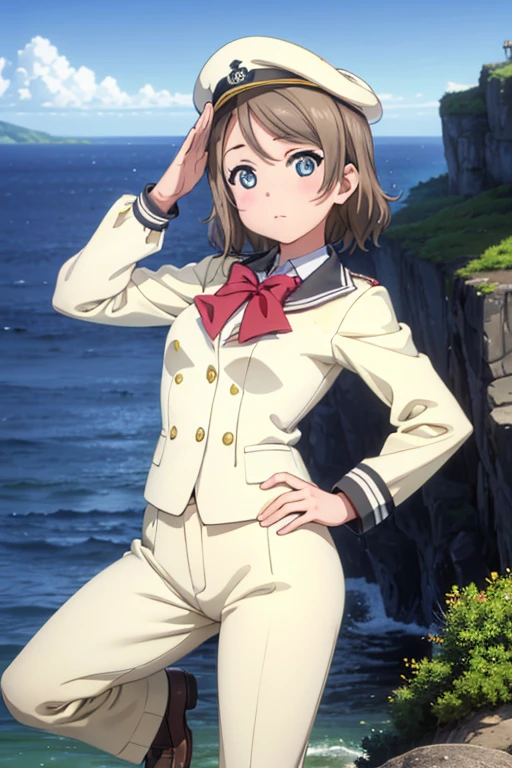 masutepiece, High quality, Best Quality, High resolution, 4K, High Definition, Beautiful lighting, Highly detailed face, well-drawn hands, well-drawn legs, well-drawn feet, (((well-drawn eyes))),(((pixel perfect, Detail Perfect))), Solo, 1girl in, Watanabe， bowtie, Looking at Viewer，captain suit，slacks，Leather shoes，Captain's hat，Left hand salute，Right hand on hip，harbour，Background with(Ships at anchor)