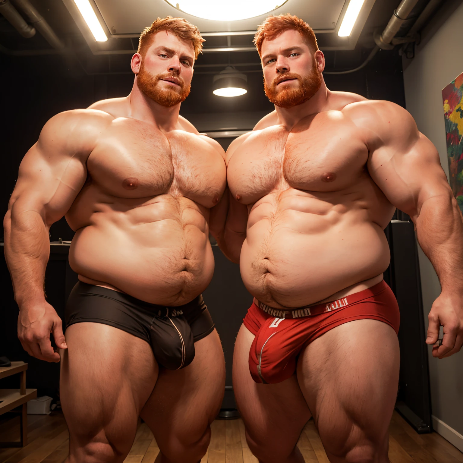 (best quality,ultra-detailed),realistic,studio lighting,photography,two (chubby,plump) men with (big,fat) guts,(ginger,red) hair and beard,wearing only underwear