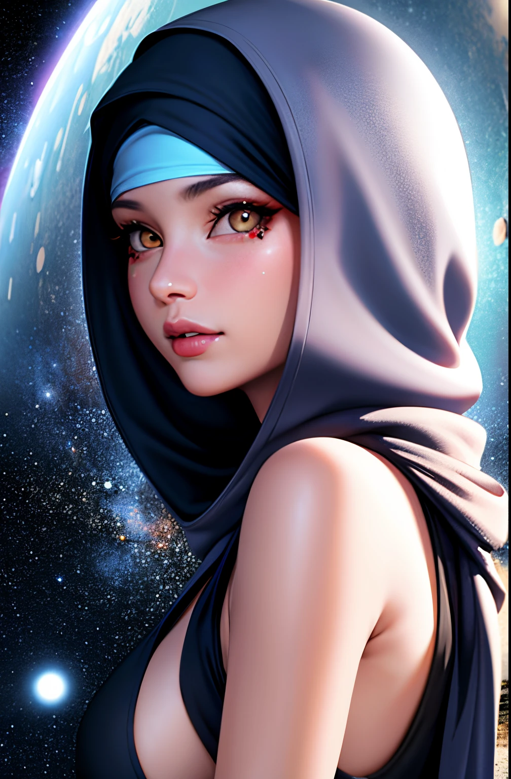 hijabi, sideboob, 1girl, beautiful face, ((white eyes)), sexy pose, spaceship in the background, stars, space, (lightroom:1.13), soft light, (natural skin texture:1.2), (hyperrealism:1.2), sharp focus, focused