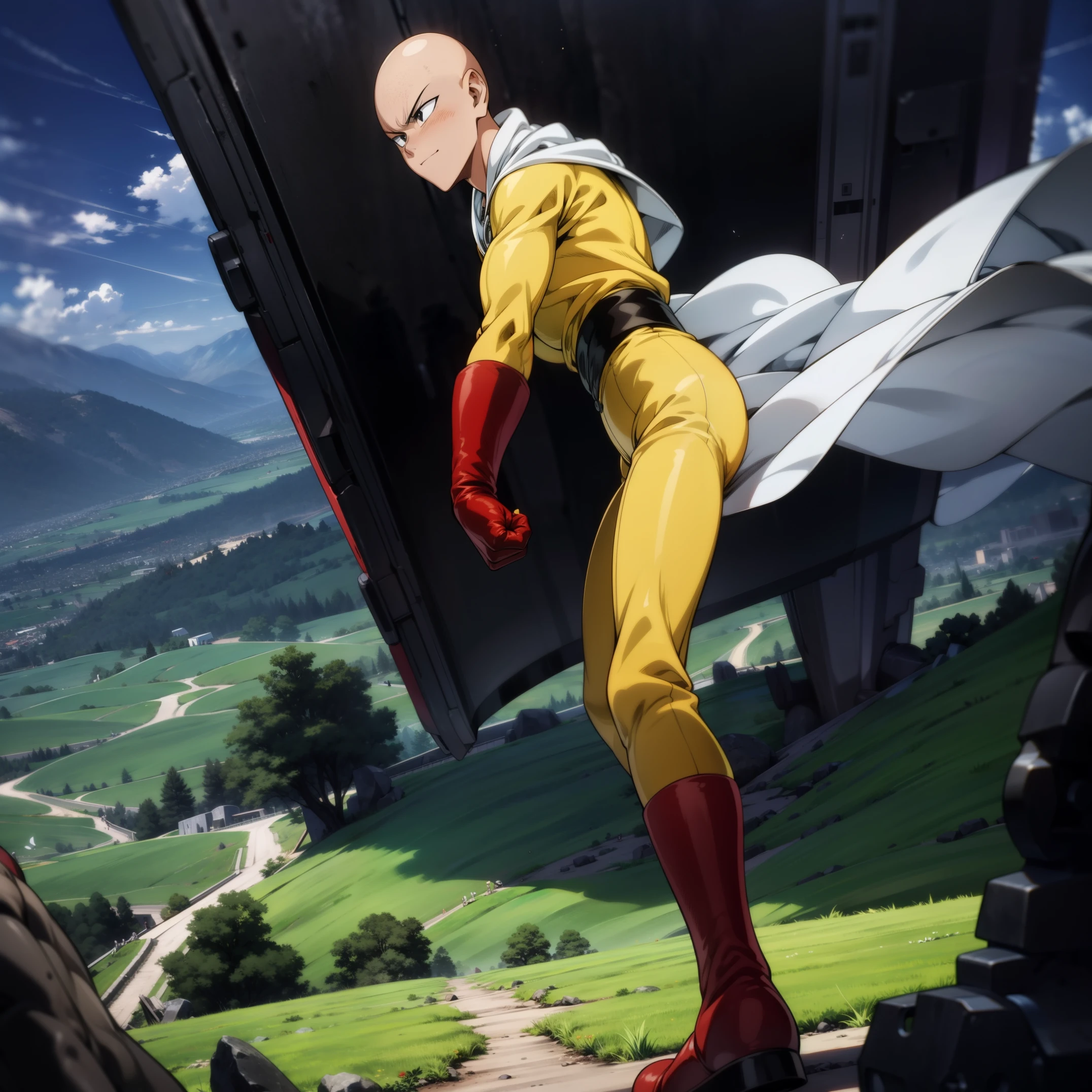 masterpiece, best quality, 1boy, (saitama), bald head, black eyes, red gloves and red boots, yellow clothes and white cape, standing on mountain, angry face, completely mad, fighting position, posting to giving punch, sunny day, beautiful mountain hills and forests, beautiful scenery, detailed face, evil smile, aura power, night, natural light, standing, male focus, strong muscles, movie composition, deth of field, bokeh, (futuristic), (full body),