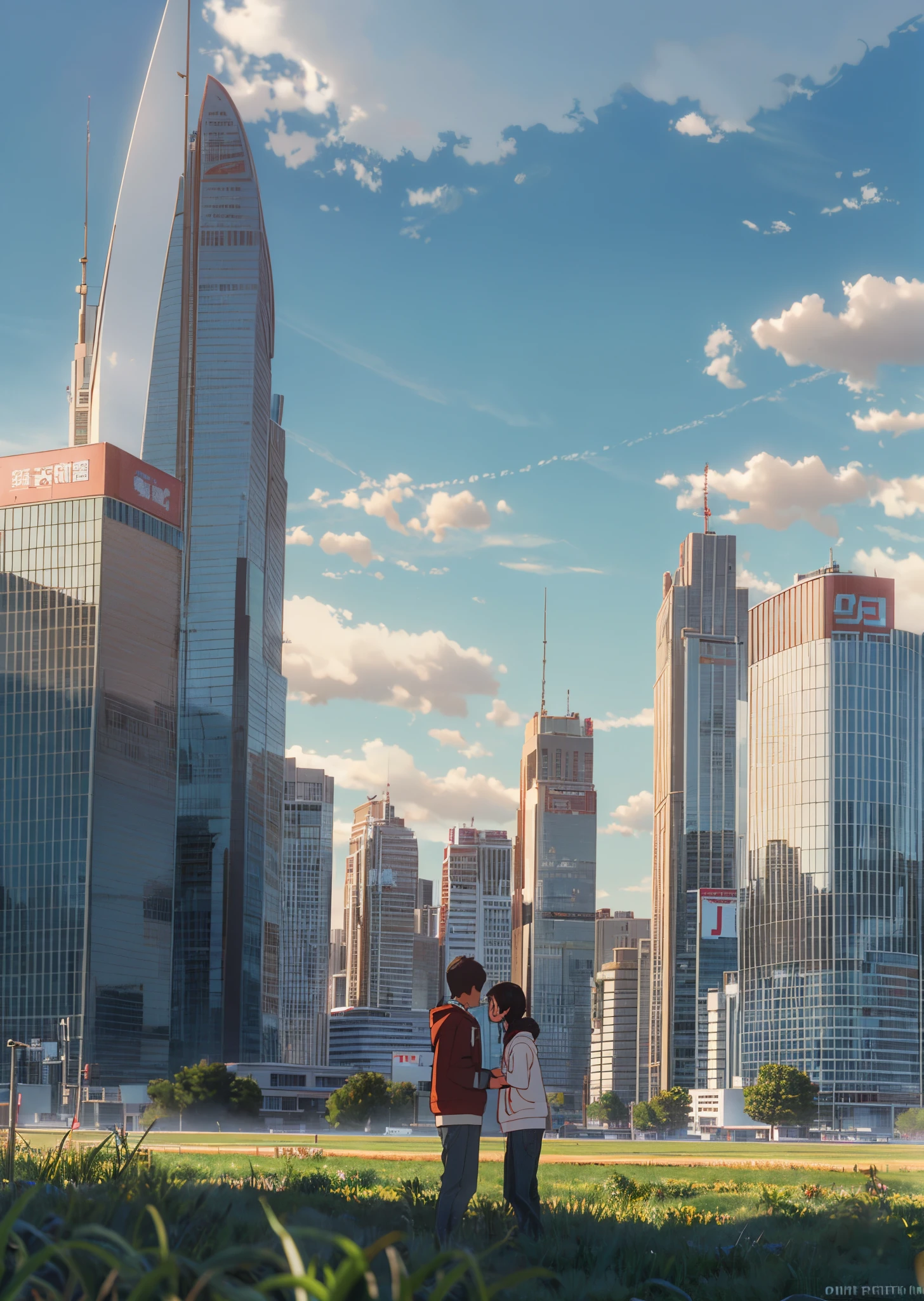 Baymax holding a boy in hoodie in a field of grass, cinematic, skyscrapers --auto --s2