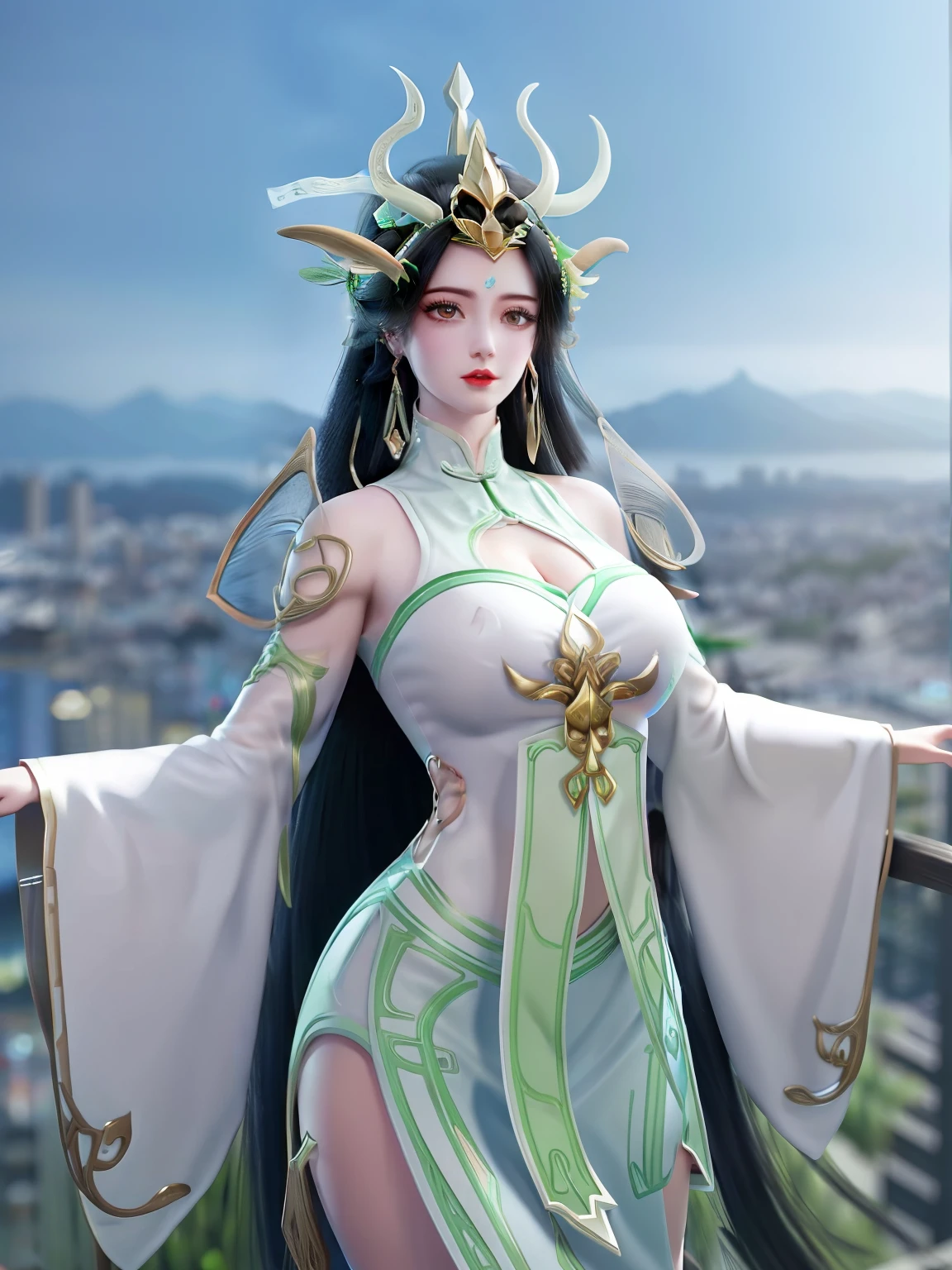 1个Giant Breast Girl,hair adornments,long whitr hair,耳Nipple Ring,Forehead imprints,a skirt,view over city,the night,,cow boy shot,looking at viewert,longer sleeves, Chinese clothes,manicured,1 lush willow tree