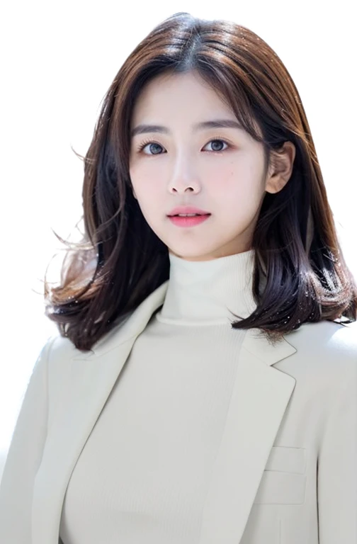white suit, white neck tee, white turtleneck, in the winter, Delicate, Detail