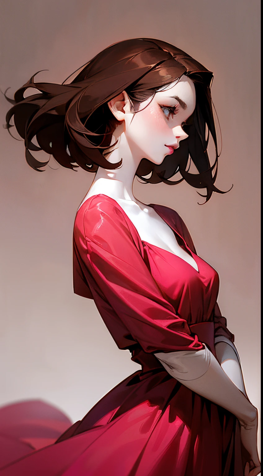 Woman, tall, pale skin, dark brown hair, slight smile, pink lips, hazel eyes, pink cheeks, elegant, wearing a red dress, red dress