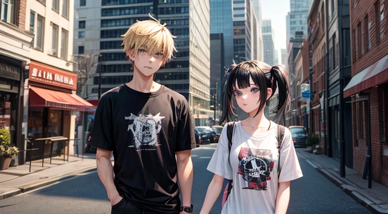 a emo ager girl with black pigtails with a emo teen guy with blonde hair in the city