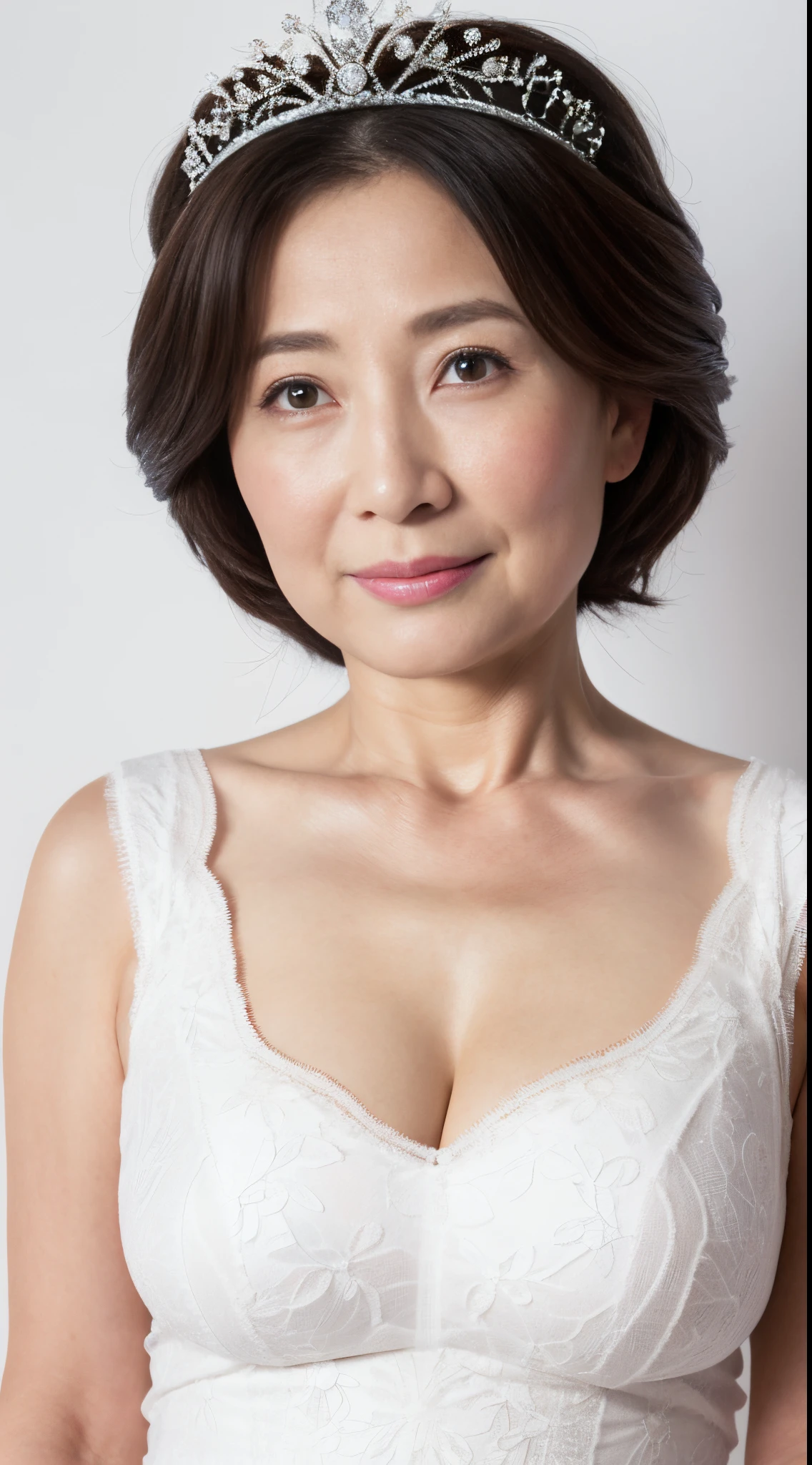 Pure white background, gravure, facing front, Wearing a tiara, from the chest up, masutepiece, Best Quality, Ultra-detailed, Photorealistic, super detailed skin, Perfect Anatomy, (1 japanese mature woman), (Solo), 95 years old, Large breasts, Mature Woman Politician, glamor, A sexy, Chromo-white skin, Looking at Viewer,