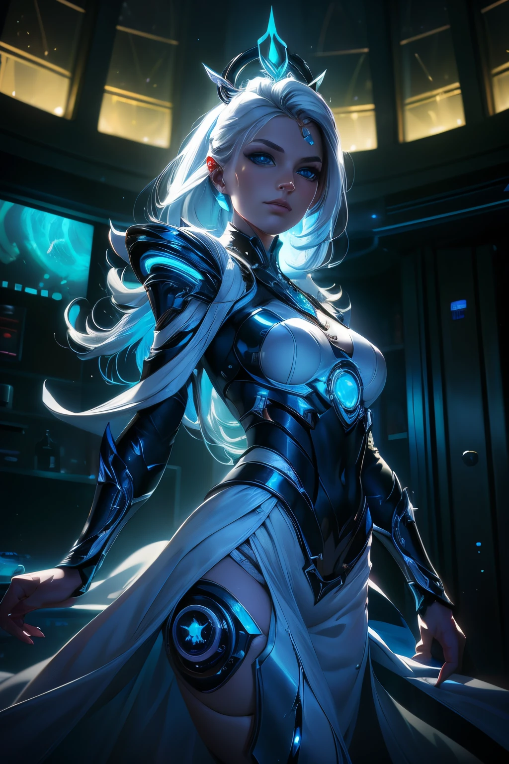 My friends, let me paint for you a vivid picture of a fantastically beautiful girl from the future, a vision that embodies the essence of cyberpunk, technology, and biopunk. Close your eyes and let your imagination run wild as I describe this mesmerizing cyber oracle., In this futuristic world, technological progress has seamlessly merged with the human form, giving rise to a breathtaking display of artistry and innovation. Our cyber oracle is the true embodiment of this harmonious fusion., Her porcelain skin glows with a subtle light, a testament to the complex network of bioluminescent implants that leave graceful patterns on her body. These delicate lines of light shimmer and dance, revealing a breathtaking symphony of colors that shift and change in harmony with her emotions., Her eyes, the windows of her cybernetic soul, sparkle with an otherworldly glow. Tiny diodes flicker in the iris, emitting a mesmerizingly beautiful glow that captivates everyone who meets its gaze. They hold wi, white hair, light blue hair, mini top hat, hairclip, hair ornament, Gothic art, diffraction spikes, three sided view, fake scrollbar, Surrealism, high detail, Futurism, modern, modern, Gothic art, cinematic lighting, textured skin, super detail, high details, award winning, 8k, masterpiece, 8k, best quality, highres, award winning, high quality, super detail, anatomically correct, ccurate, retina, masterpiece