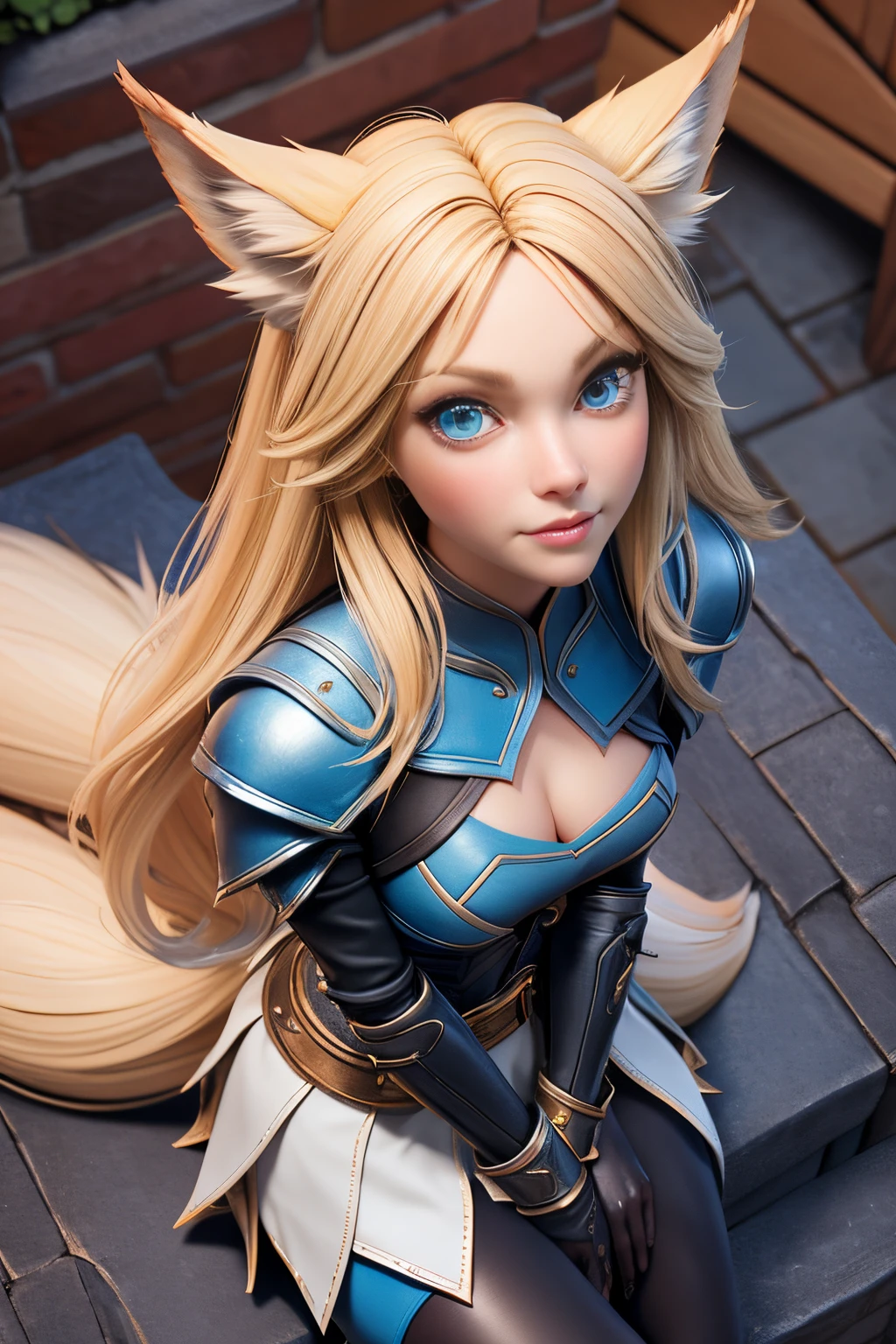 Beautiful 1girl, full body, teenager, solo, (very long waist length blonde hair, straight blonde hair: 1.28), ((light blue eyes)), clear skin, (large darker fox ears: 1.35), pale skin, medium breasts, cleavage, (thin hips, thin waist , athletic body: 1.25), background, looking away, ((wearing leather Warcraft leather armor, leather warrior skirt, sky blue leather: 1.1), looking at viewer, (sitting, looking up at viewer: 1.22),), on castle rooftop, masterpiece, best quality,3d rending work ,3DMM style, close-up, portrait, 3D,