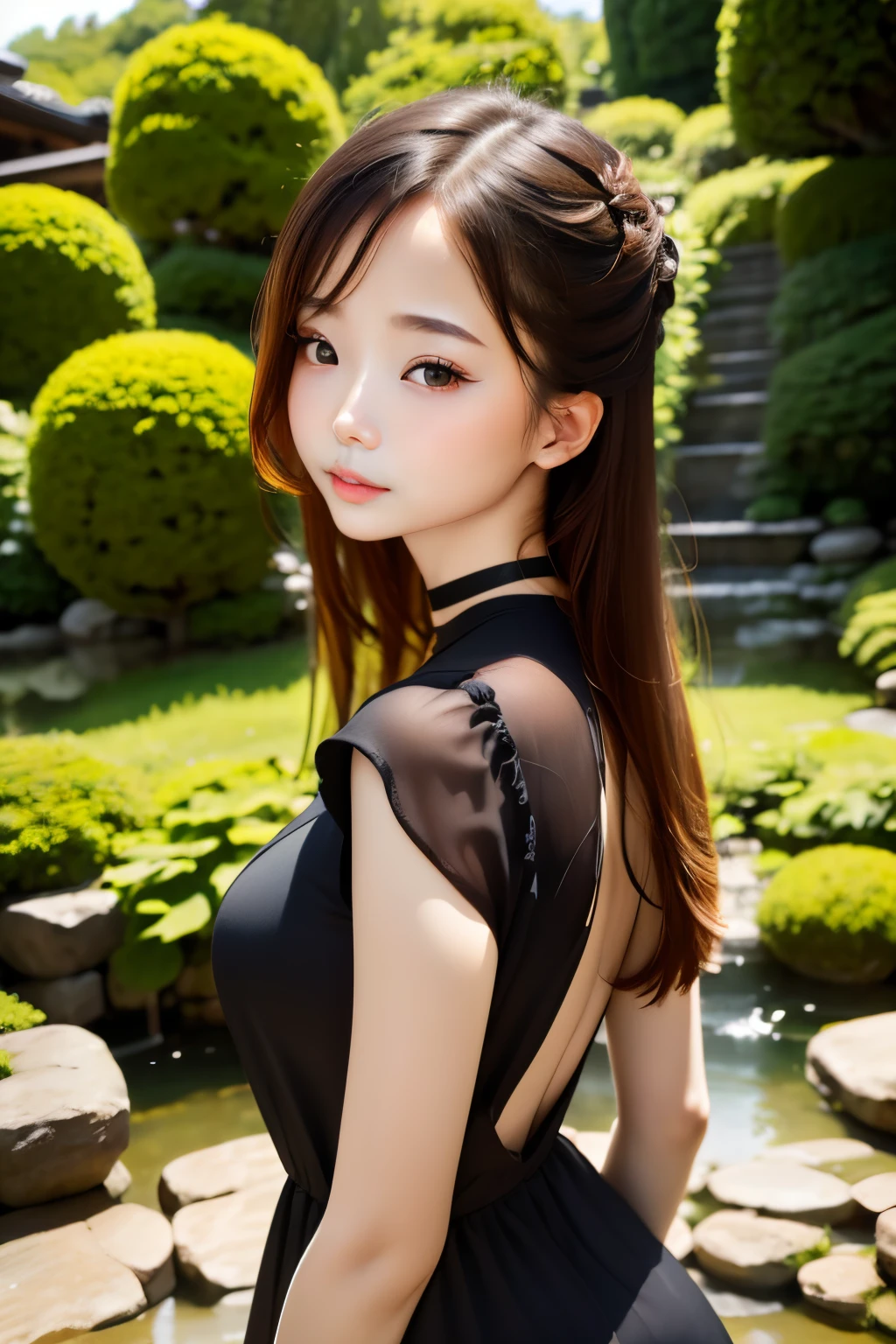 one girls:1.5、Cute baby face、14age、parfect anatomy、Red Eye Shadow、red lipsticks、slightly pink cheeks、de pele branca、Black Dress、Eight-headed body、small hair、a choker、top-quality、ultra-detailliert、High quality detailing、portlate、masuter piece:1.5、the background is blurred、blurry backround、Japanese garden、Japanese garden