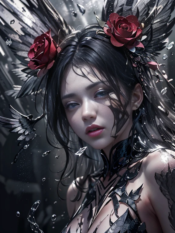 Young children、１２age、Balance the eyes of both eyes、and blemish-free skin、upper body closeup、Vampires、russian vampire、Black and white、sluttish,barechested.Symetrical, artistic, close up, all her clothes are torn、  Yin, eyes focus, , Exposed skin, Exposed body parts, rag, costum, Broken mirror，Split black and white，Scattered rose petals，with sublevel rack，Eroded by darkness and light，Dynamic Poses、Symetrical、}}}}, {{{Hyper Detailed}}}, {{{hight resolution}}}, {{Good anatomy}}, (((Best Quality))), ((Very delicately beautiful)), {{Very meticulous、Delicate}}, {8k cg wallpaper}, {{illustratio}}, (color background grayscale:1.1), Ray traching, Background bokeh,  1girl in , Solo, Hu Tao(GenshinImpact), boo tao, blanche、sluttish,barechested.Symetrical, artistic, close up, all her clothes are torn, burst,, , Exposed skin,, , Broken mirror，Split black and white，red tear rack and white paint，Broken，with sublevel rack，Eroded by darkness and light，Symetrical