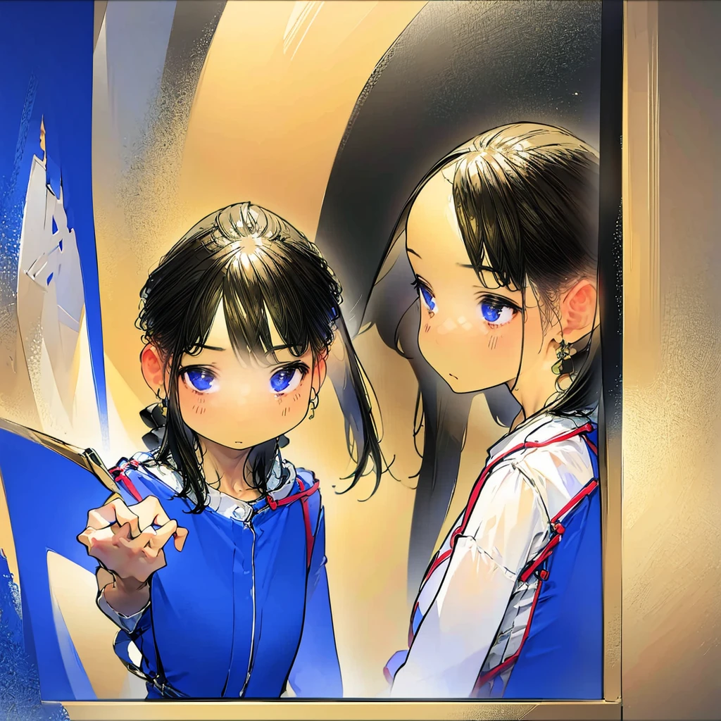 A girl gazing at her reflection in a mirror, multiple girls appearing through optical illusions, vibrant colors, detailed facial features and expressions, flowing dresses, surrealistic backgrounds, mirrored surfaces, intricate patterns, realistic lighting, and masterful brushstrokes. (best quality,4k,8k,highres,masterpiece:1.2),ultra-detailed,(realistic,photorealistic,photo-realistic:1.37), vibrant colors, multiple girls, optical illusions, reflections, intriguing patterns, mesmerizing surrealistic backgrounds, flowing dresses, detailed facial features, expressive eyes and lips, mirrored surfaces, realistic lighting, masterful brushstrokes, enchanting atmosphere, intriguing composition, vibrant and contrasting colors, dynamic poses, ethereal ambiance, delicate translucency, captivating beauty, surrealistic elements.