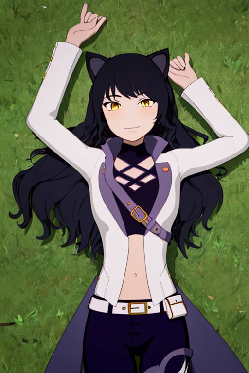 ((masterpiece,best quality)), 
Blake_RWBY,   1girl, solo, black hair, long hair, cat ears, animal ears, yellow eyes,
 belt, midriff, pants, jacket, 
solo, smiling, looking at viewer, solo, smile, cowboy shot, lying, on back, on grass, arms up, blue pants. closed mouth,
cinematic composition,