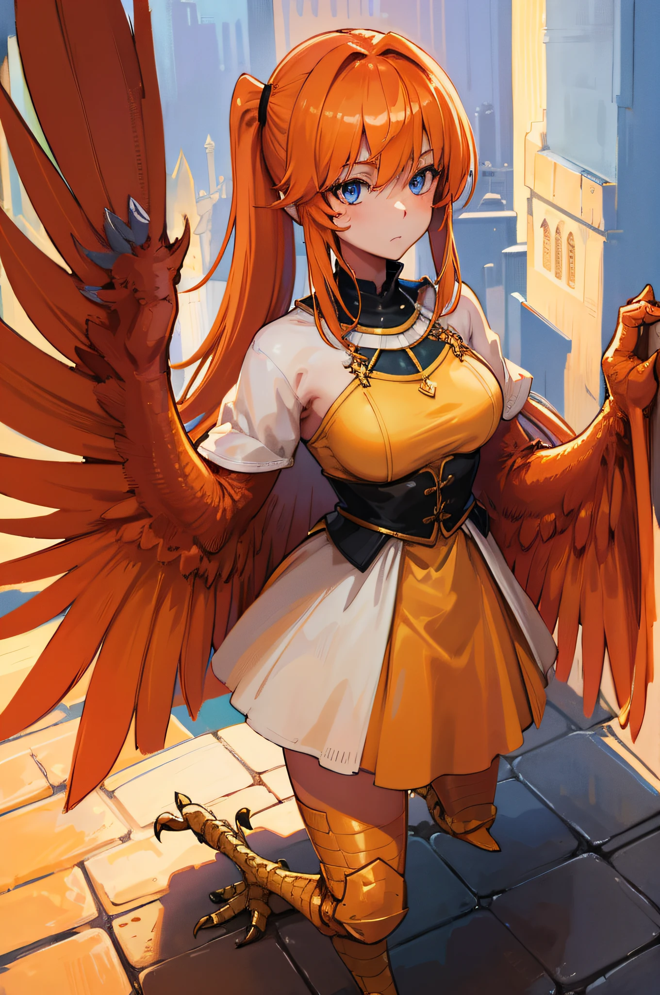 4K,hight resolution,One Woman,orange color hair,poneyTail,Blue eyes,Harpy,one white winged,golden nails,Knights,Knight Armor,night dress,medieval village