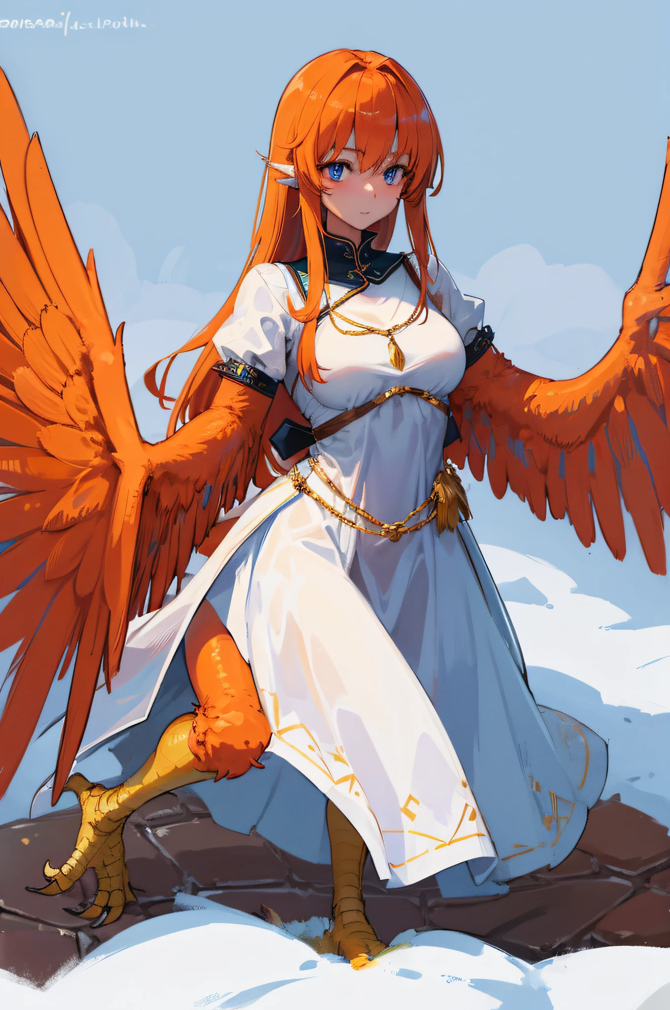 4K,hight resolution,One Woman,orange color hair,poneyTail,Blue eyes,Harpy,one white winged,golden nails,Knights,white knight armor,night dress,medieval village