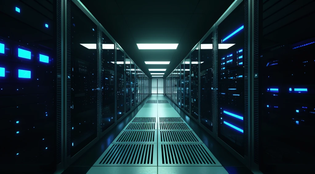 view of a server room with rows of servers, in realistic data center, in detailed data center, extremely detailed data center, background is data server room, Data center, data processing center, Robot in a data center, in the data center, Robot in the server room, Cyborg in the data center, to mainframe, walk around the server room