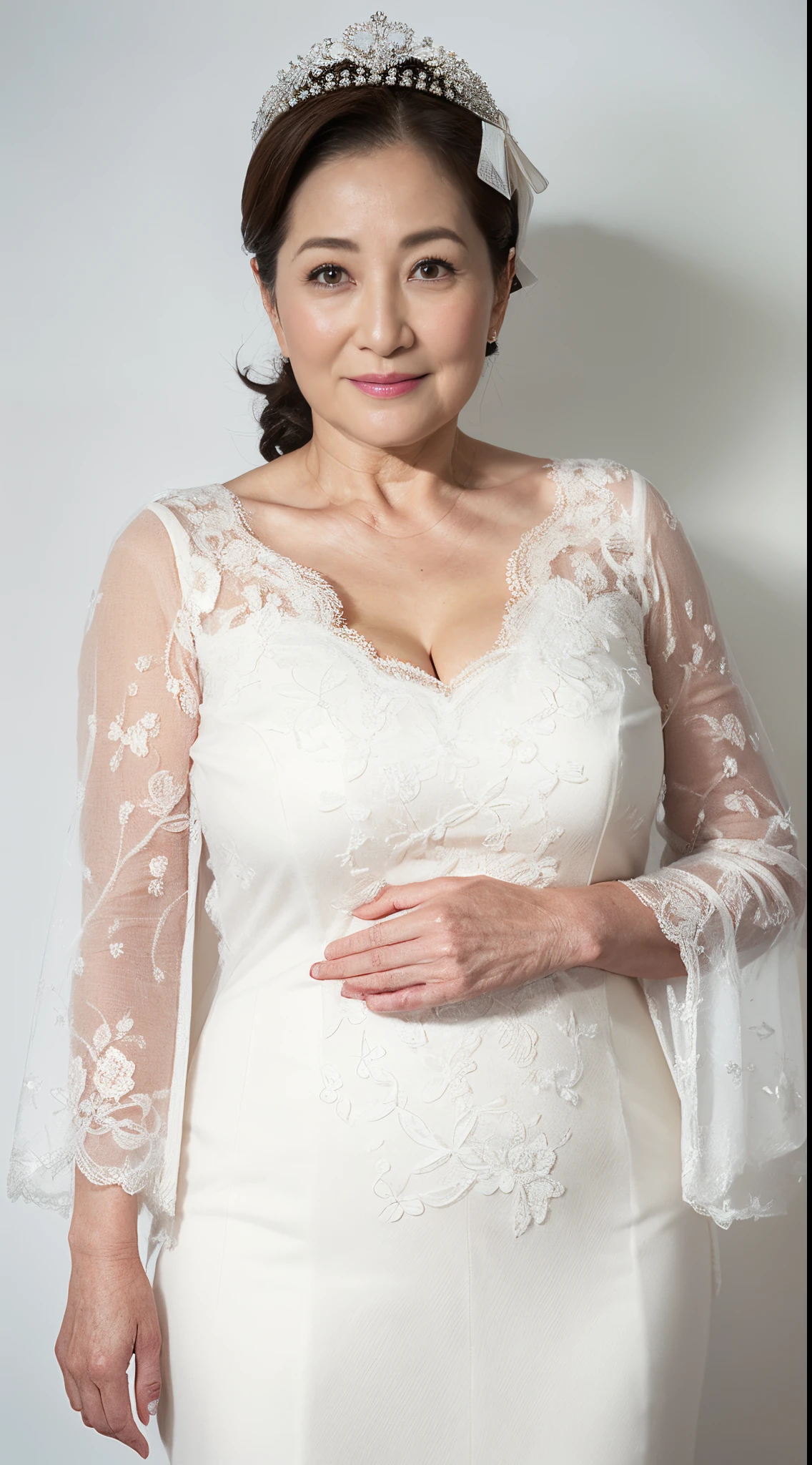 Pure white background, gravure, facing front, Wearing a tiara, from the chest up, masutepiece, Best Quality, Ultra-detailed, Photorealistic, super detailed skin, Perfect Anatomy, (1 japanese mature woman), (Solo), 95 years old, Large breasts, Mature Woman Politician, glamor, A sexy, Chromo-white skin, Looking at Viewer,