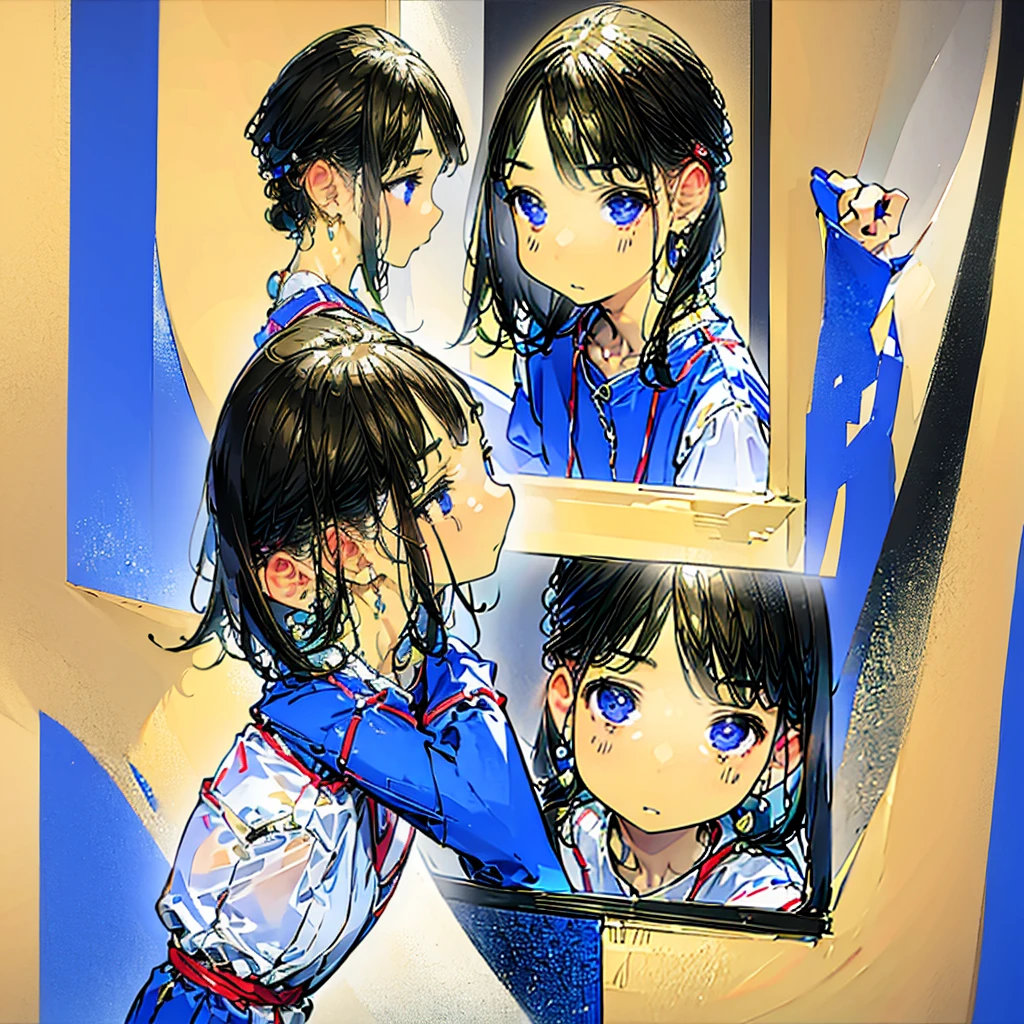 A girl gazing at her reflection in a mirror, multiple girls appearing through optical illusions, vibrant colors, detailed facial features and expressions, flowing dresses, surrealistic backgrounds, mirrored surfaces, intricate patterns, realistic lighting, and masterful brushstrokes. (best quality,4k,8k,highres,masterpiece:1.2),ultra-detailed,(realistic,photorealistic,photo-realistic:1.37), vibrant colors, multiple girls, optical illusions, reflections, intriguing patterns, mesmerizing surrealistic backgrounds, flowing dresses, detailed facial features, expressive eyes and lips, mirrored surfaces, realistic lighting, masterful brushstrokes, enchanting atmosphere, intriguing composition, vibrant and contrasting colors, dynamic poses, ethereal ambiance, delicate translucency, captivating beauty, surrealistic elements.