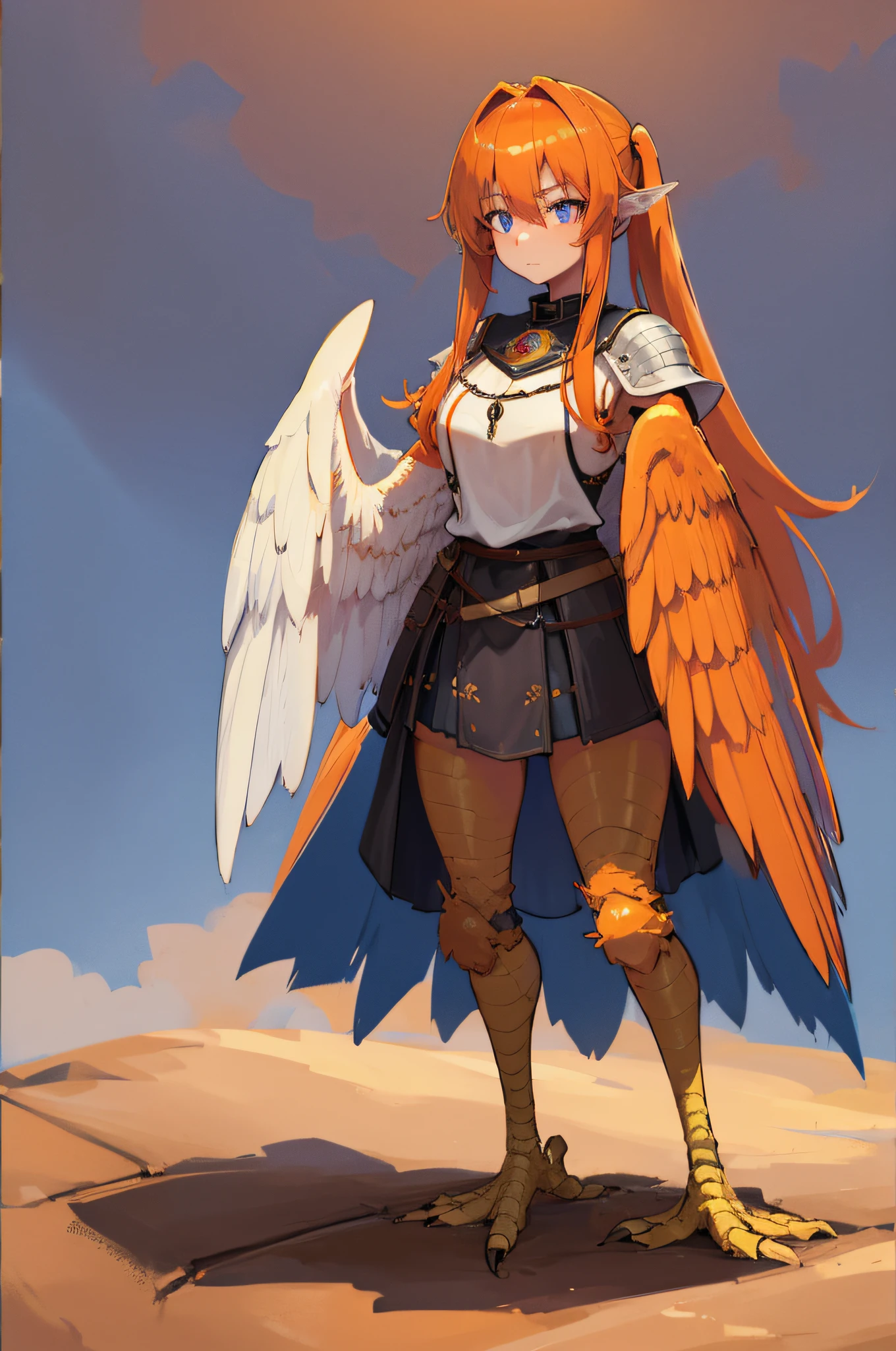 4K,hight resolution,One Woman,orange color hair,poneyTail,Blue eyes,Harpy,one white winged,golden nails,Knights,white knight armor,Heavy armor,medieval village