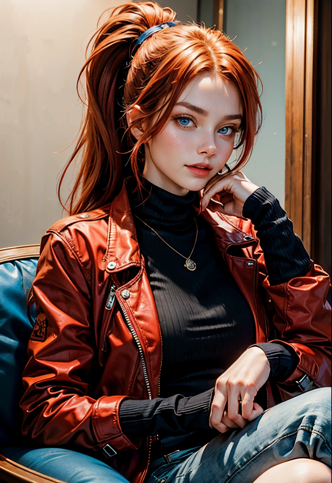 A young lady aged 16 yrs, with long bright red hair, wavy hair, tied in a side ponytail, with air bangs. She has green eyes.  She is wearing a red leather jacket. She is naked underneath. She has an athletic figure. She is wearing gold earrings. Looking directly into the camera. She has fair skin, freckles, constricted pupils, parted lips, large breasts, perfect lips, perfect nose, cute face, baby face, Hyperrealism, cinematic lighting, jpeg artifacts, bokeh, textured skin, UHD, best quality, masterpiece, high details, bust chart, close-up view