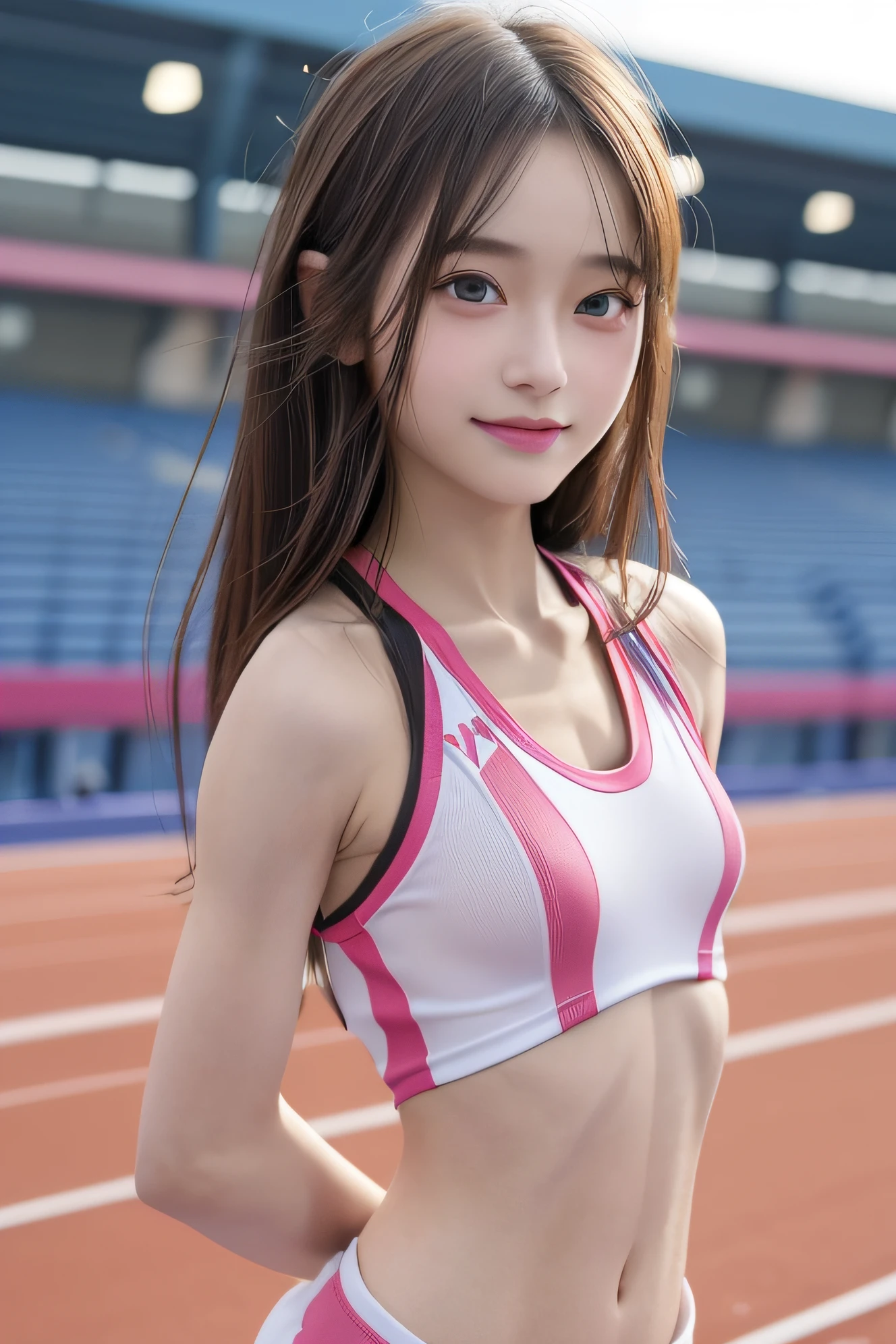 masutepiece、masterpiece、top-quality、ultra-detailliert、hight resolution、hight resolution、8K Portrait、High definition CG of Unity 8k wallpaper、Unity 8k壁纸、Highly detailed CG Unity 8k wallpaper、逼真、realperson、cute little、 Portrait photos、shinny skin、high-detail、(:1.2)、(女の子1人)、Beautiful clear eyes、Ultra-fine depiction、delicated face、Lovely lips、skinny body、big breasts thin waist、Thin leg、(Track and Field Arena:1.6)、(flat chest:1.8)、(Colorful athletic uniforms:1.4)、(Nipples show through:1.4)、cute smile face、(FULL BODYSHOT:1.5)