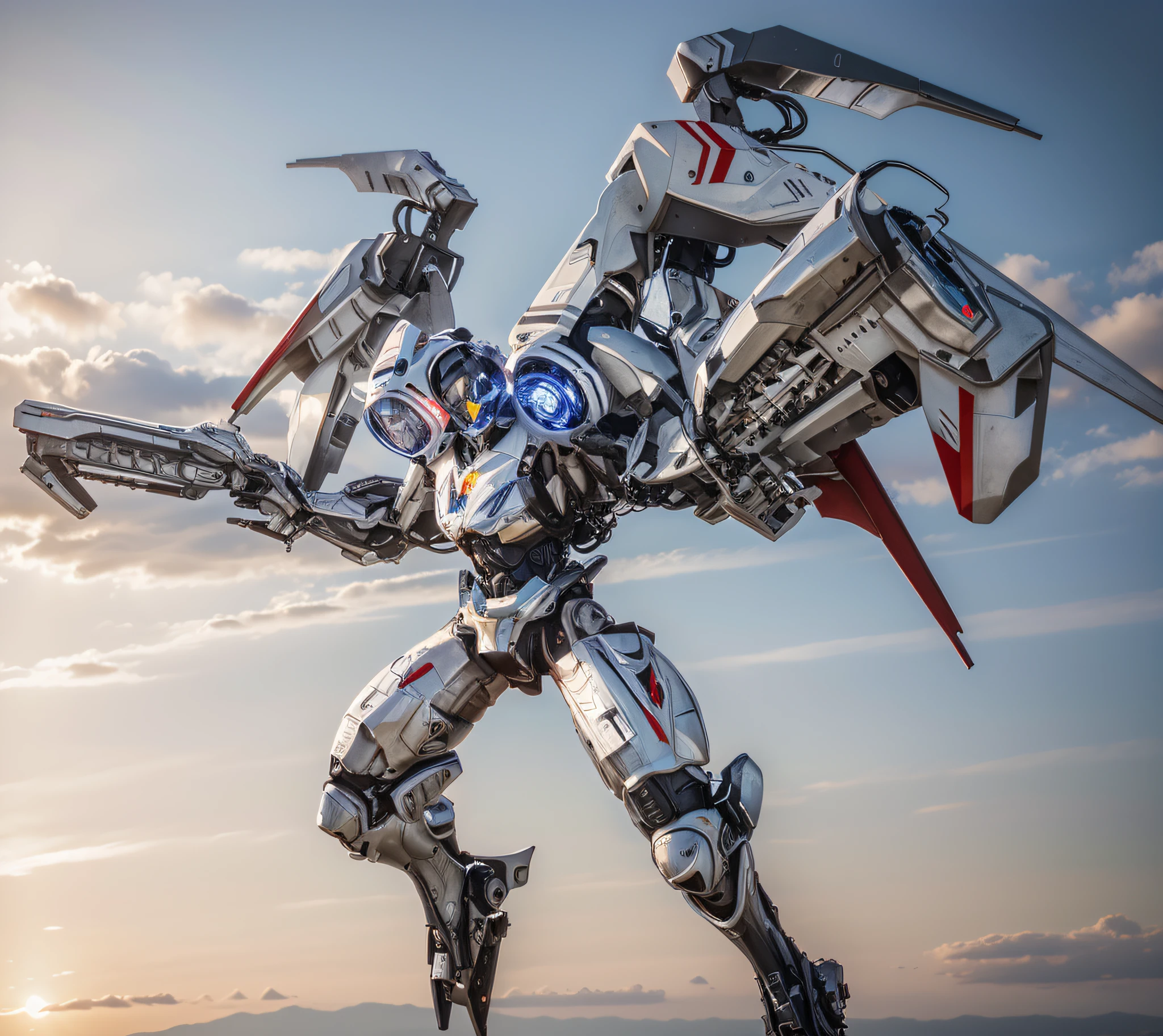 beautiful woman, con un moderno traje volador mecha cyborg, color blanco con detalles en rojo, Modern Japanese style samurai helmet with red visor., alas de metal con lanzamisiles, holds laser weapons, ellos estan volando en el cielo, 4k, Ultra detallado, imagen realista , Altamente detallado, perfect composition, splendid, Intrincadamente detallado, Incredibly detailed, 8 k artistic photography, hiper detallado, Obra maestra, Ultra detallado, hiperrealista, 4k, Imagen ultra detallada, realista, Altamente detallado, perfect composition, splendid, Intrincadamente detallado, Incredibly detailed, 8K fine art photography, hiper detallado, Obra maestra