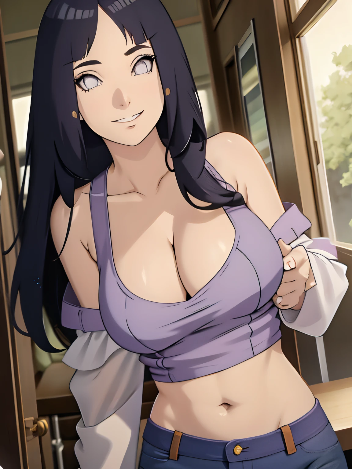 tmasterpiece, Best quality at best, 1girl, Large breasts,Off-the-shoulder attire,(cleavage),(upperbody closeup),Raised sexy,nice navel, navel piercing, is shy,smile,with dark blue hair, long whitr hair, (light grey eyeballs:1.4), Forehead protection, the cherry trees, wearing sexy yellow tank top torn, short crop jeans