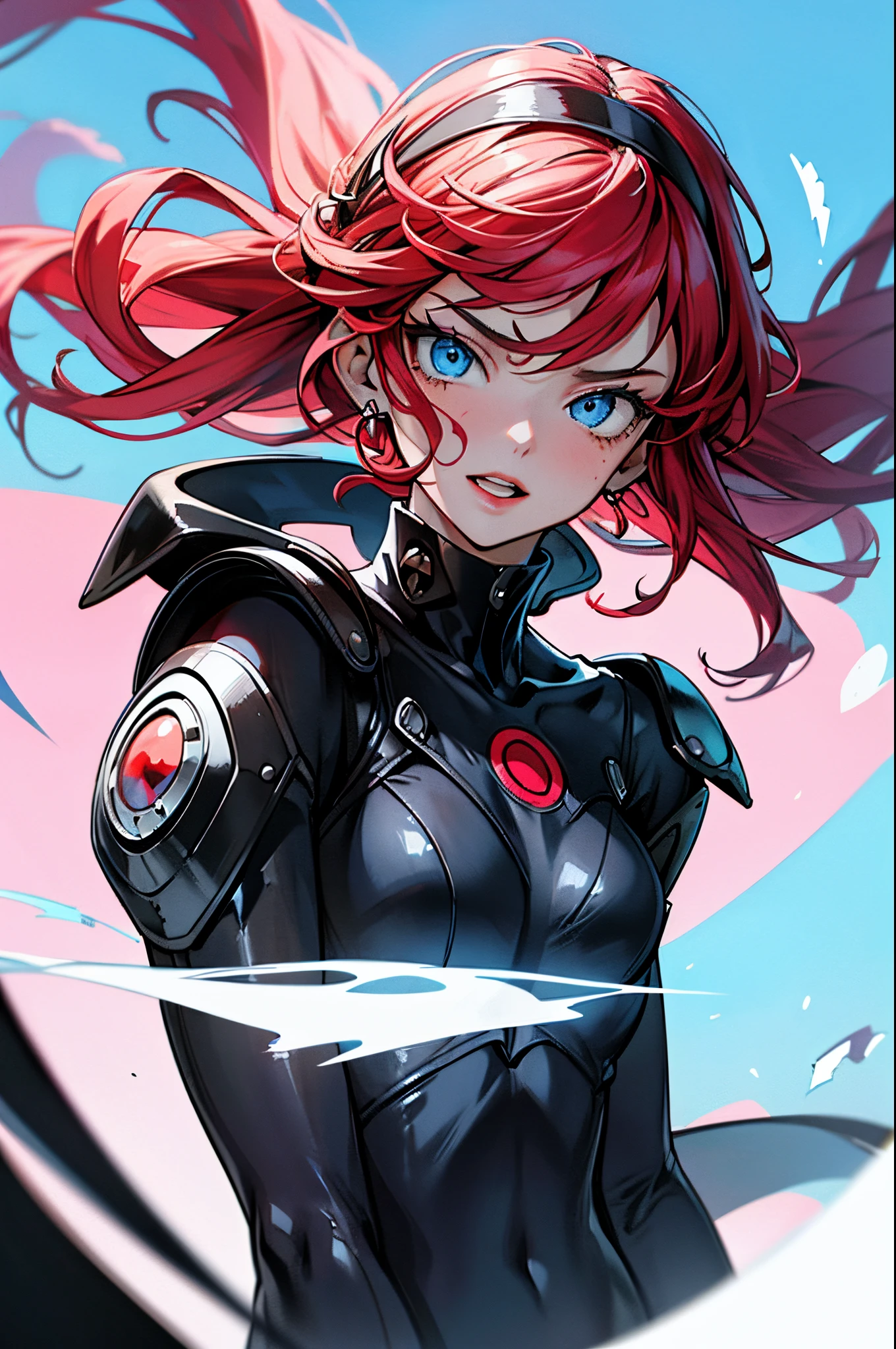 atmosfera oleosa sombria 4D style cat vegeta sexy ruiva decote rasgado seios grandes  sexy picture of a grown-up magical girl sexy cute mature face hair afro black + red with some puled up into a false ponytail girl is a beautiful dark red theme with glitter and sparkles perfect big blue  eye creating a glamorous and aesthetic effect. sharp focus emitting diodes smoke artillery sparks racks system unit motherboard by pascal blanche rutkowski repin artstation hyperrealism painting concept art of detailed