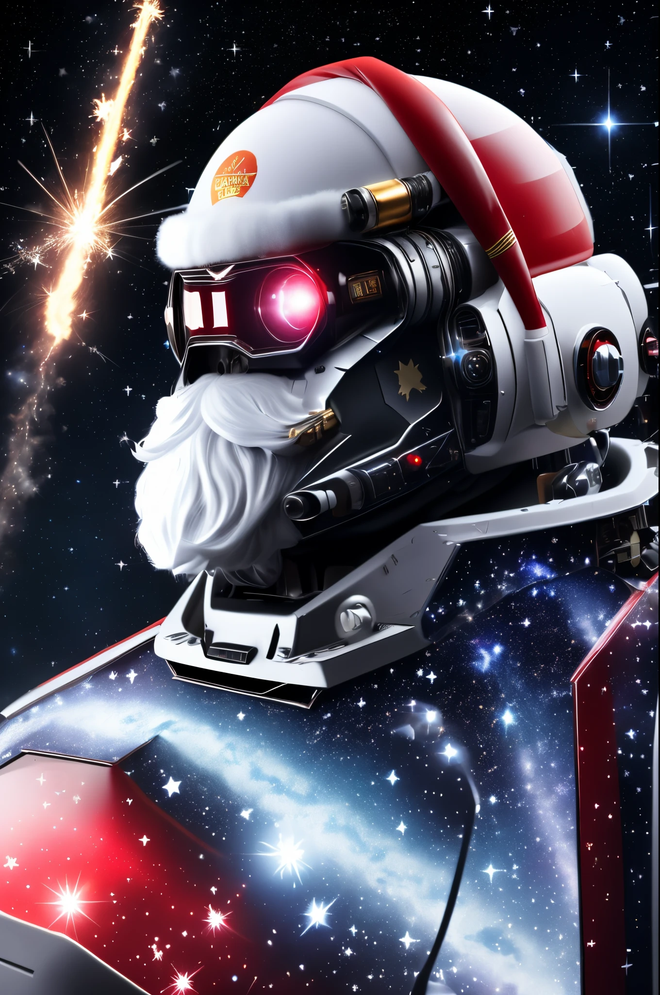 Father Christmas,+ +, astronaut, aurora, black background, constellation, diffraction spikes, earth \(planet\), energy gun, energy sword, fireworks, galaxy, glint, glowing, glowing eye, helmet, hirschgeweih antennas, laser, lens flare, letterboxed, light rays, light trail, lights, lightsaber, mecha, milky way, night, night sky, no humans, planet, power armor, retro artstyle, rocket, science fiction, shooting star, solo, space, space helmet, spacesuit, sparkle, sparkle background, sparkler, sparkling eyes, sparks, spotlight, star \(sky\), star \(symbol\), starry background, starry sky, sun, thrusters, thumbs up