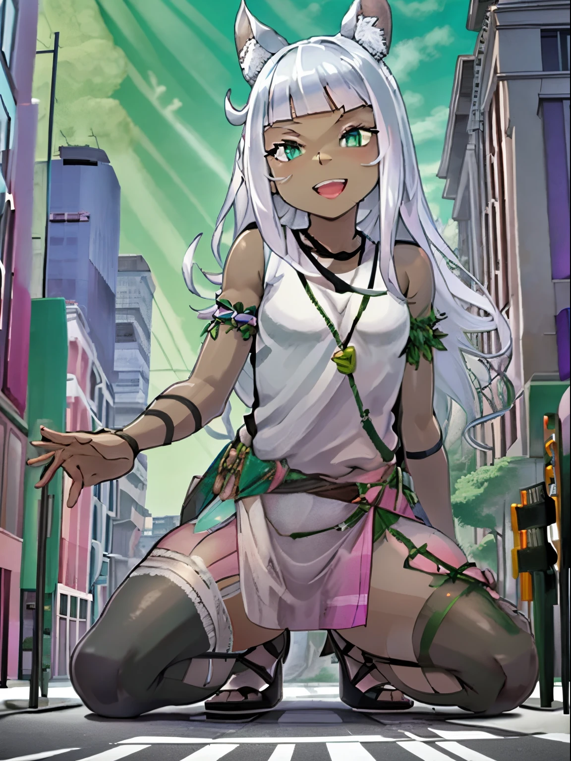Ochette, 1girl, dark skin, white hair, city, green eyes, giantess, tall, cute, full body picture, buildings, gao, larger than buildings, best quality, pink dress, metal bracelets, skyscrapers, flat ground, street, intersection, small pedestrians, ground visible, loose black pants, adorable, kind, gentle, empty hands, small build, slim, smiling, detailed mouth, size difference, crouching