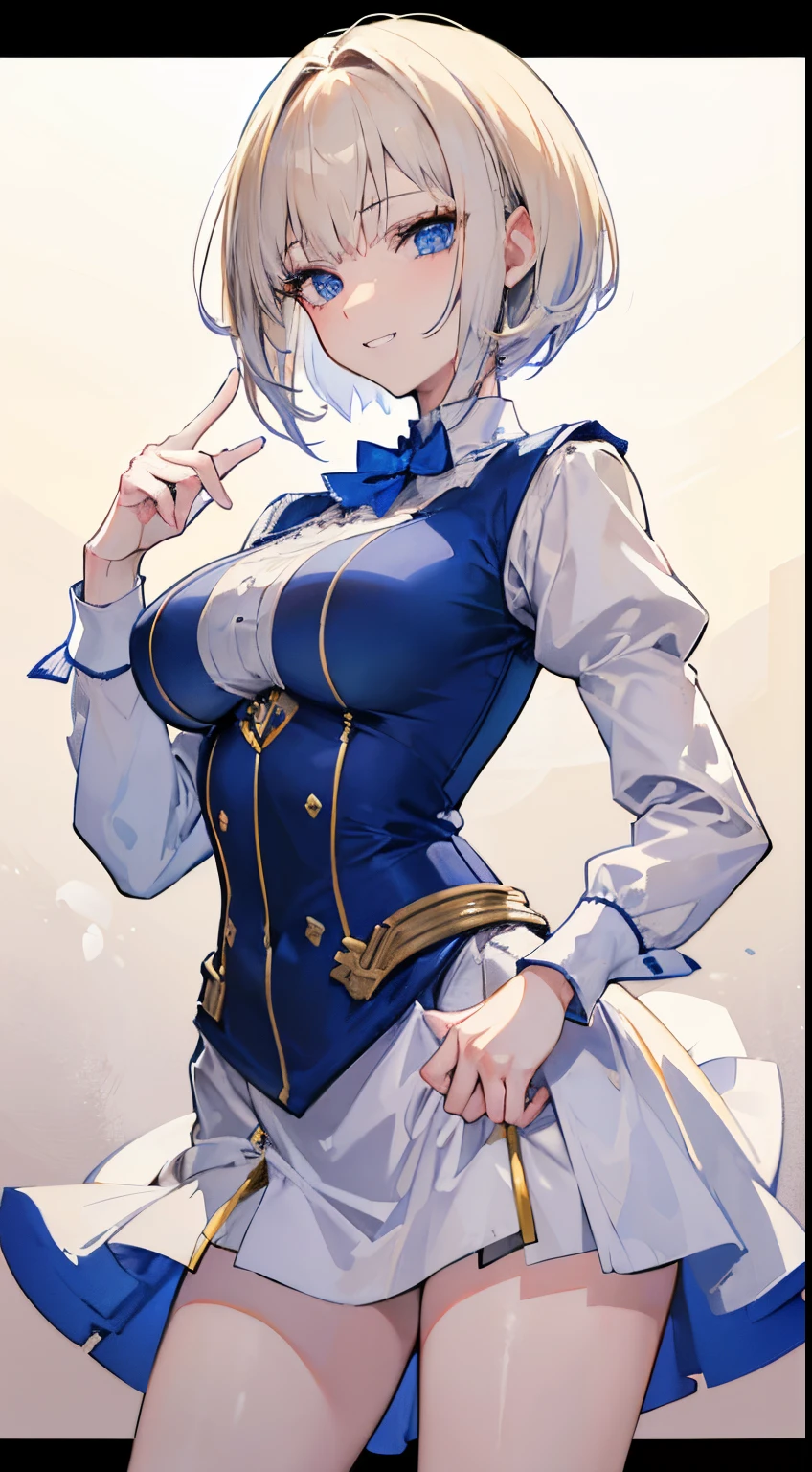 18 year old beautiful girl, Big blue eyes, Large breasts, Petite and slender, , ((Beige hair,)),(short cut hair), in 8K, of the highest quality, (Highly detailed head: 1.0), (Very detailed face: 1.0), (very detail hair: 1.0),tailcoat, Detailed official artwork, anime moe art style, clean detailed anime art, confident grin