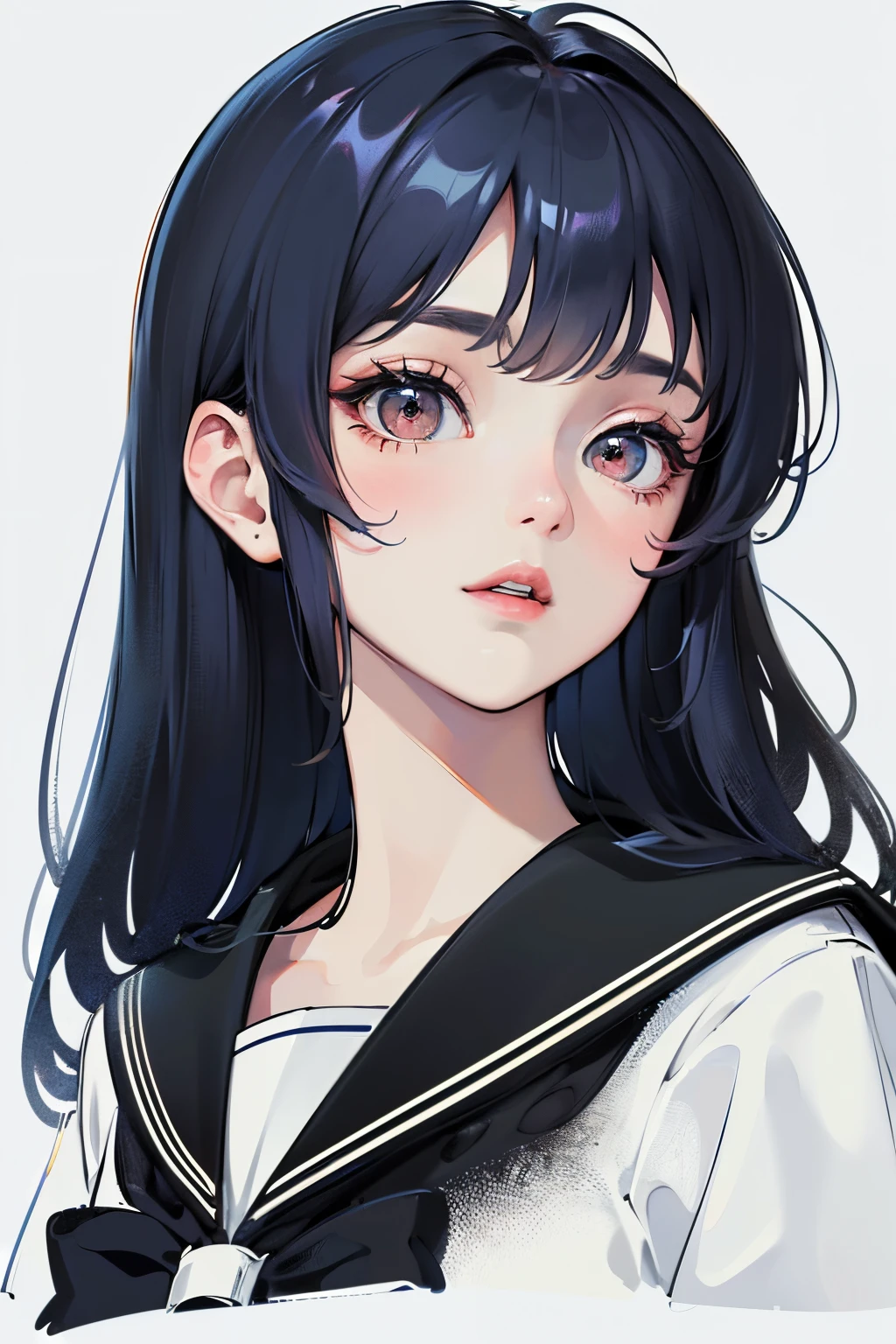 ((tmasterpiece)),(best qualtiy),The upper part of the body,(ultra intricately detailed),(Highest Definition),(8K),(Clean lines),(Perfect facial features),(offcial art),1little girl,matchless beauty,neat and clean clothes,Black sailor suit,With bangs,lightblue hair、Red Eyes