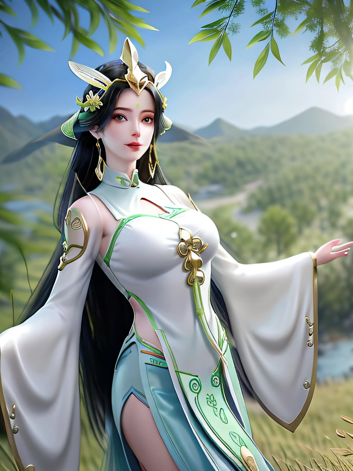 1 busty girl,hair adornments,Long gray hair,ear nipple ring,Forehead imprints,a skirt,Under the willow tree in the mountains,the setting sun，looking at viewert,longer sleeves, Chinese clothes,Manicured neatly,