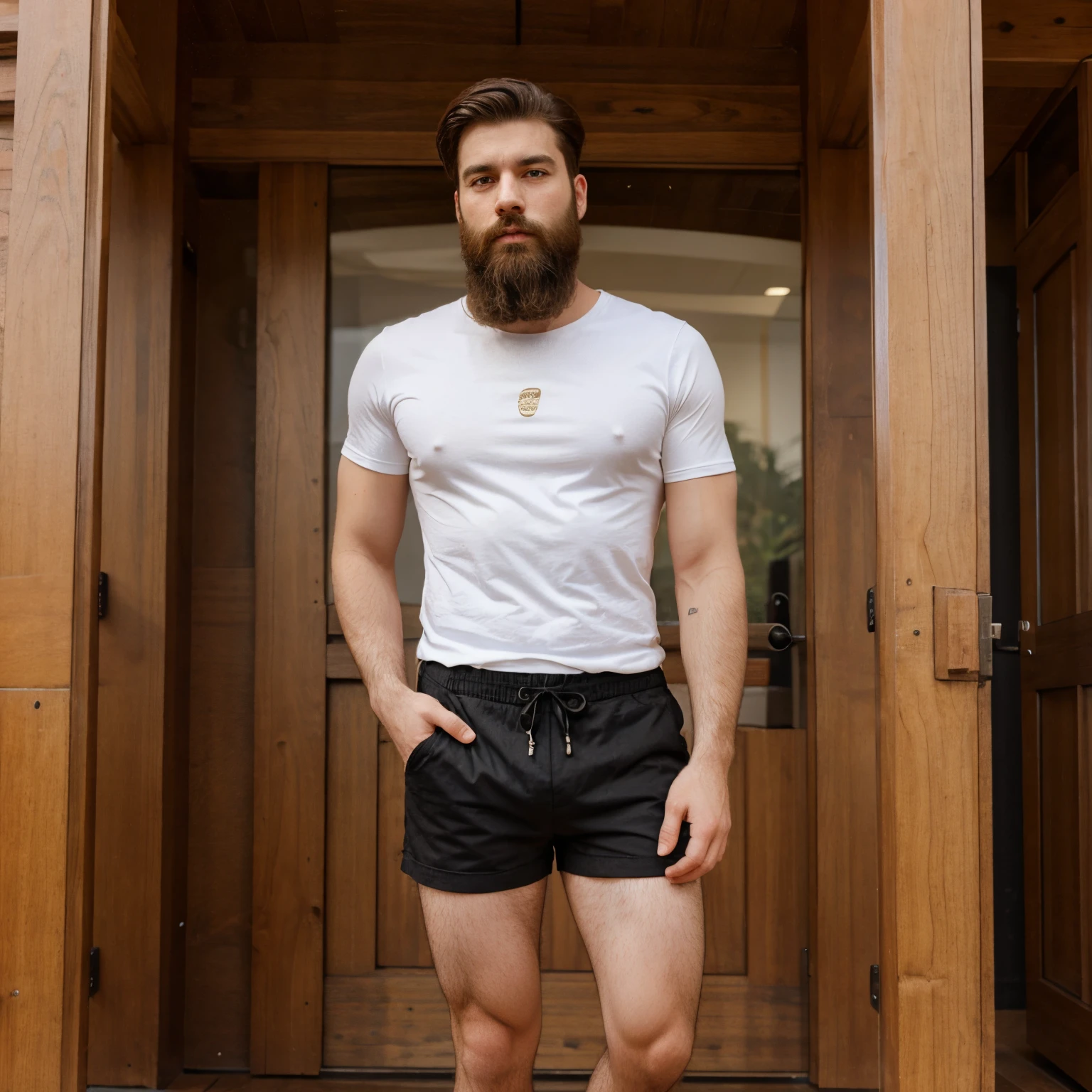 Bearded man wears short shorts Full body