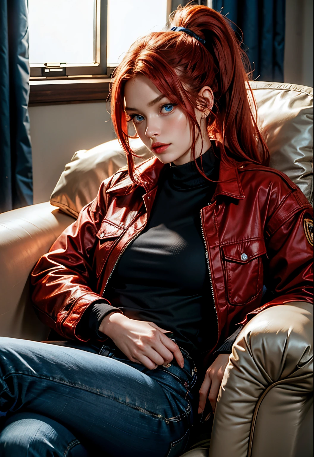 Beautiful woman with blue eyes, red hair, ponytail, black blouse and red jacket, sitting in an armchair, Beautiful woman, American girl, 19 years old, serious expression