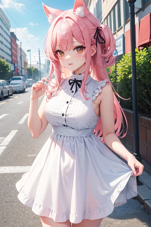 Chica de anime con cabello largo y rosa sosteniendo un conejo blanco, Lindo anime waifu en un bonito vestido, Muy hermosa chica gato anime