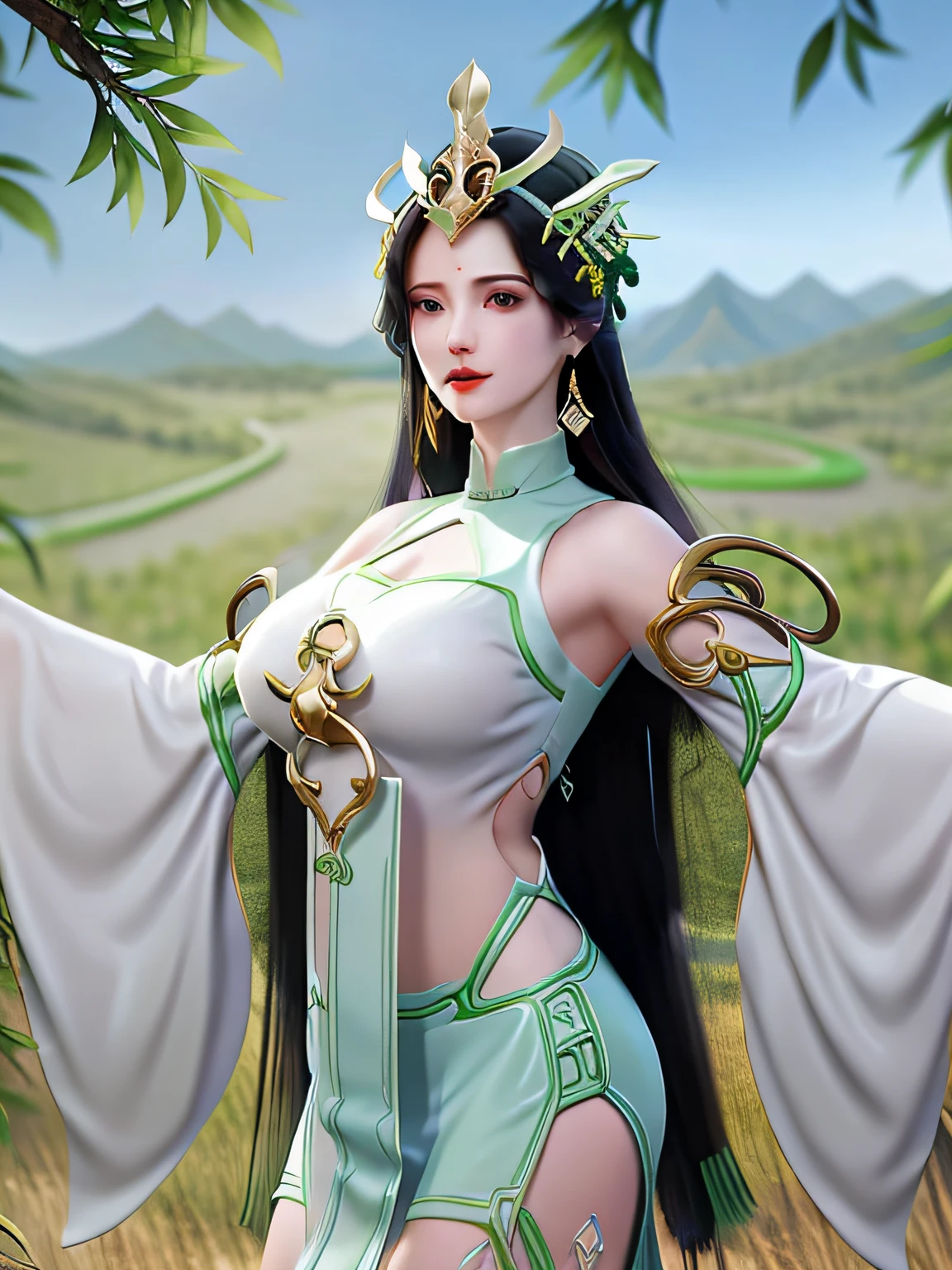 1 busty girl,hair adornments,Long gray hair,ear nipple ring,Forehead imprints,a skirt,Under the willow tree in the mountains,the setting sun，looking at viewert,longer sleeves, Chinese clothes,Manicured neatly,