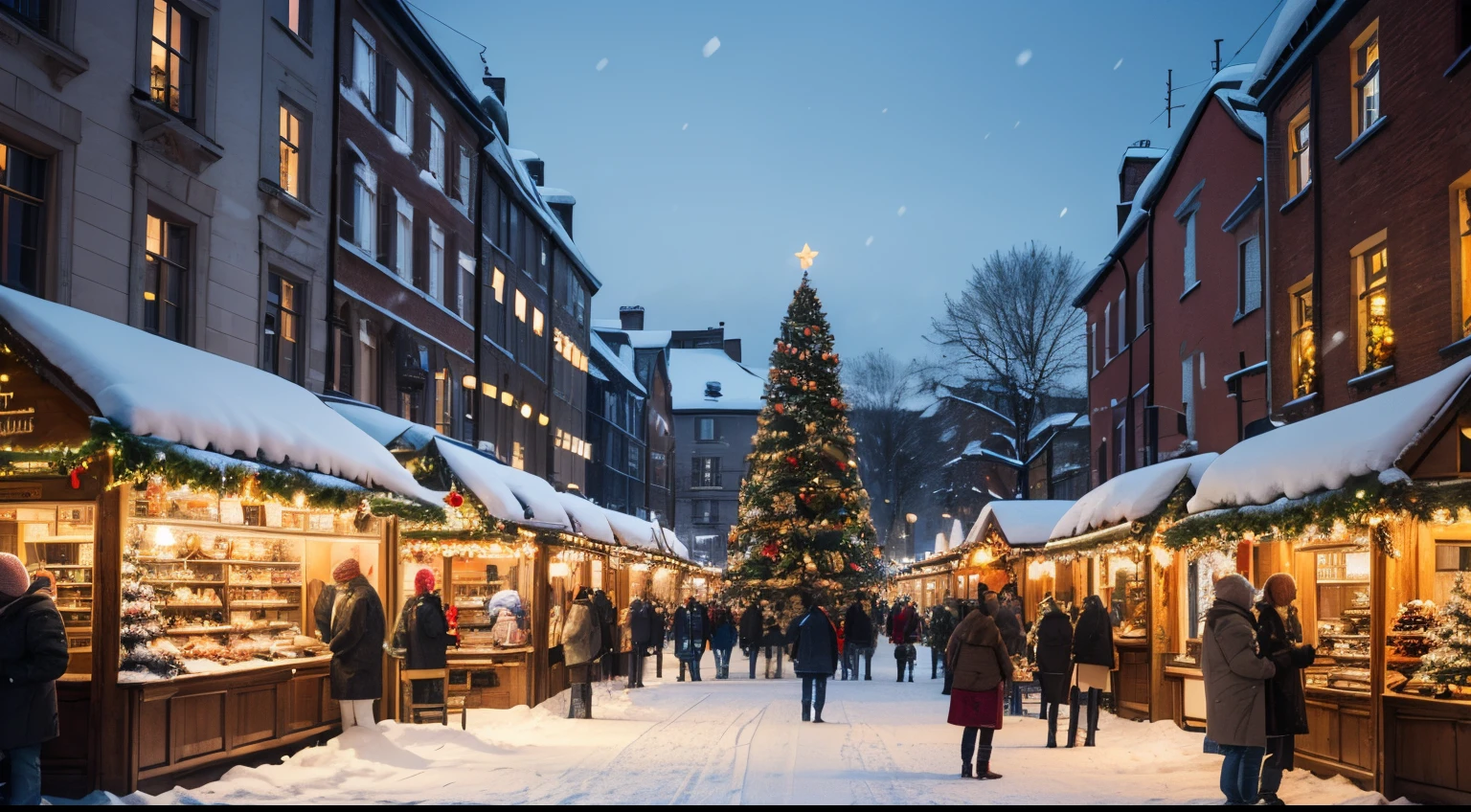 A vibrant winter wonderland scene featuring a bustling Christmas market. The market is set in a snowy town square, adorned with festive decorations, twinkling lights, and a large, beautifully decorated Christmas tree. Stalls are filled with holiday treats, handcrafted gifts, and warm drinks, with people in winter attire browsing and enjoying the festive atmosphere. The air is filled with the scents of mulled wine, roasted chestnuts, and gingerbread. Snow gently falls, adding to the magical ambiance. In the background, charming buildings covered in snow and festive lights complete the picturesque setting. The scene captures the warmth, joy, and community spirit of the holiday season. Digital art, 1024x1024