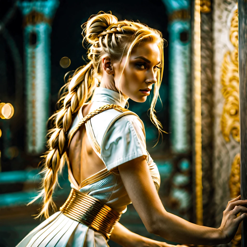 portrait of a beautiful sci fi woman with long golden blonde hair in a braided pony tail wearing a short gold and white dress with a skirt slit up the side