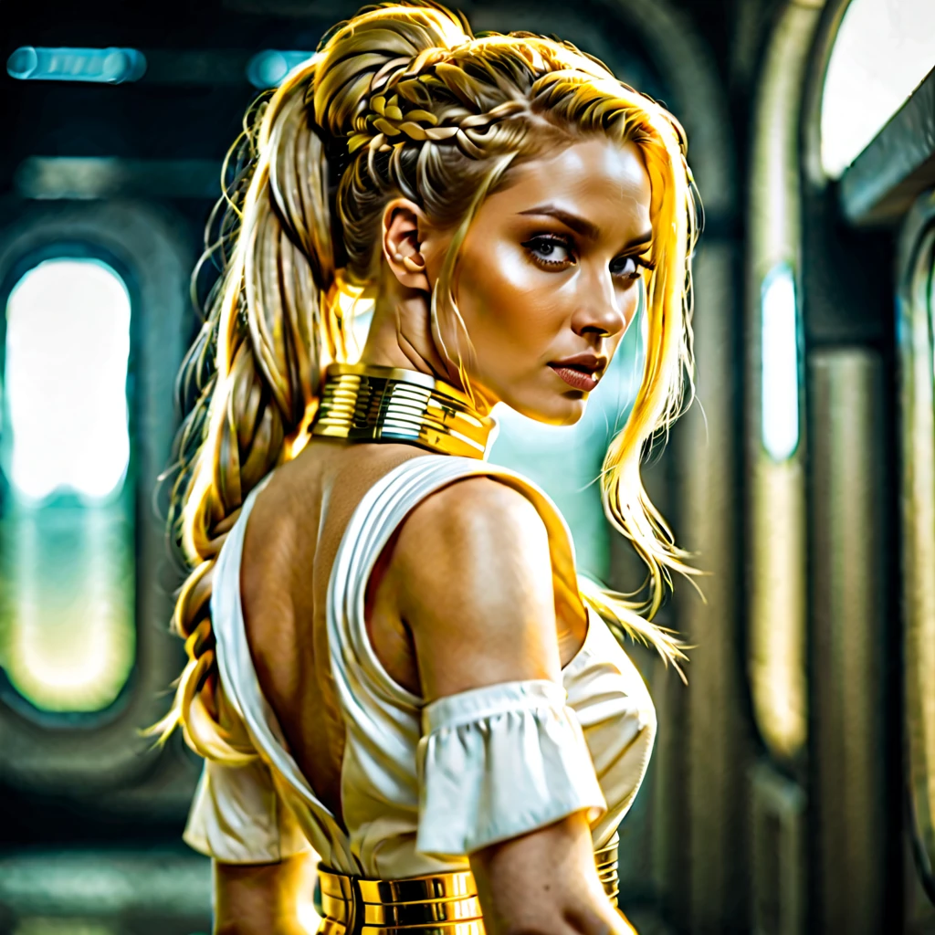 portrait of a beautiful sci fi woman with long golden blonde hair in a braided pony tail wearing a short gold and white dress with a skirt slit up the side