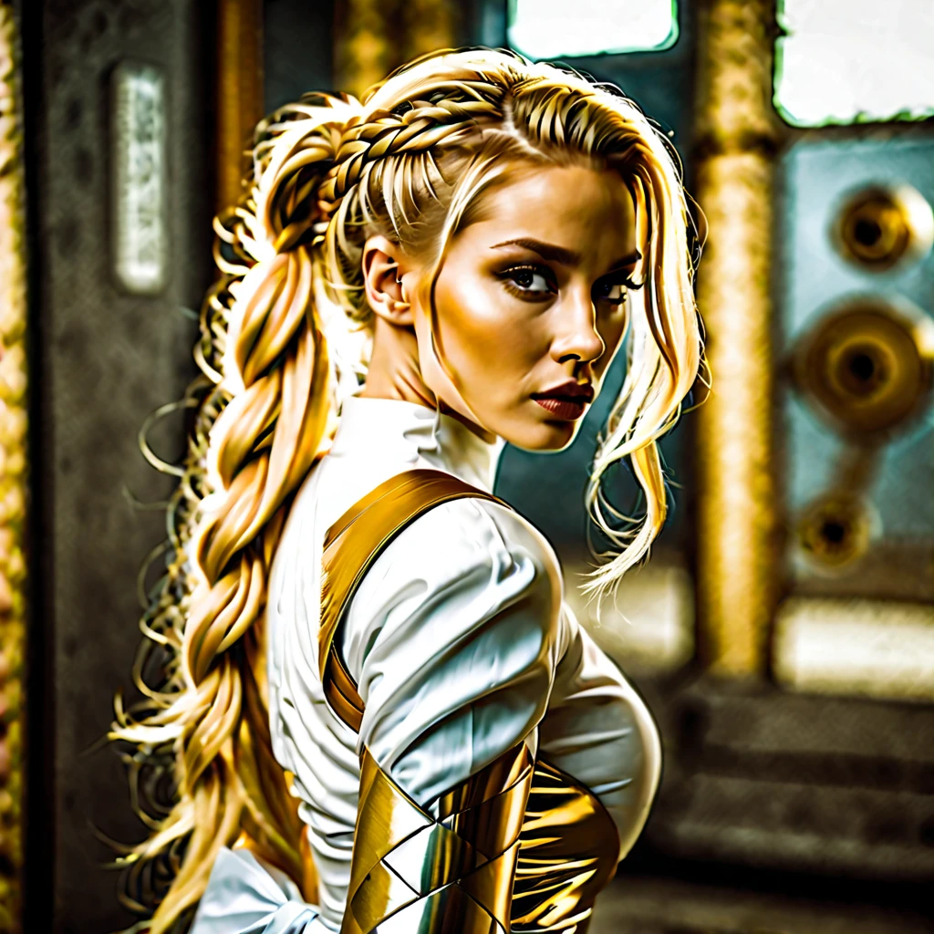 portrait of a beautiful sci fi woman with long golden blonde hair in a braided pony tail wearing a short gold and white dress with a skirt slit up the side