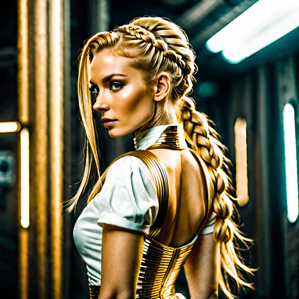 portrait of a beautiful sci fi woman with long golden blonde hair in a braided pony tail wearing a short gold and white dress with a skirt slit up the side