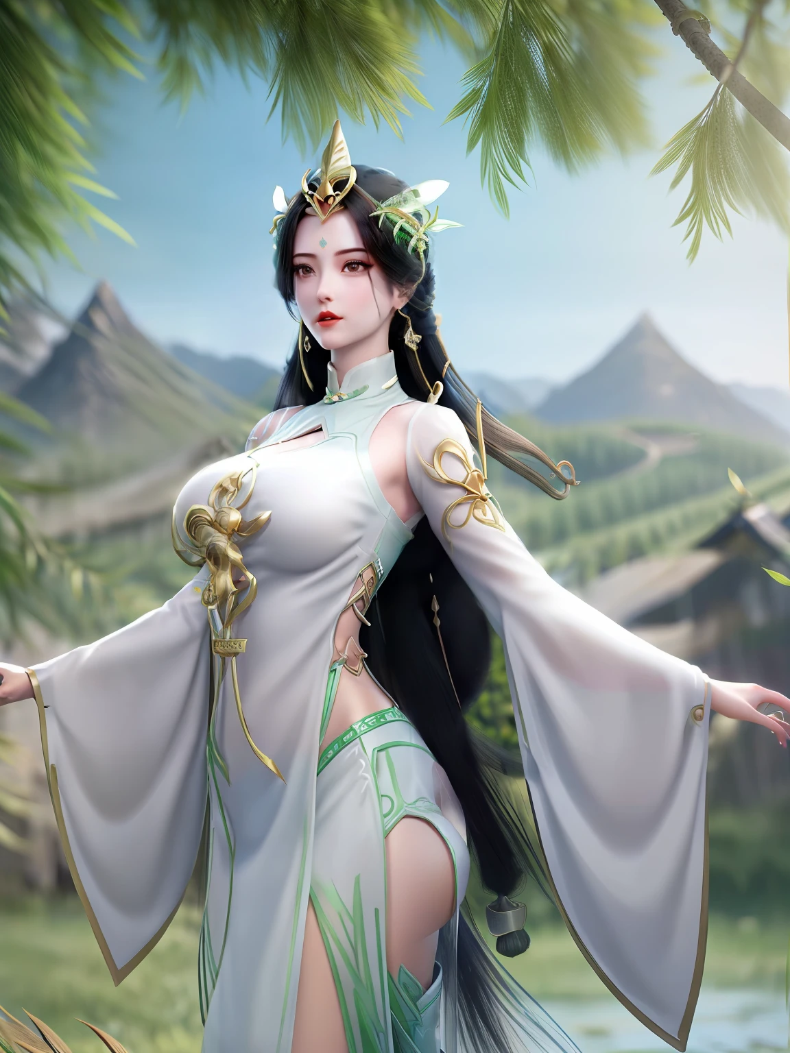 1个Giant Breast Girl,hair adornments,long whitr hair,耳Nipple Ring,Forehead imprints,a skirt,Under the willow tree in the mountains,the setting sun，looking at viewert,longer sleeves, Chinese clothes,manicured,