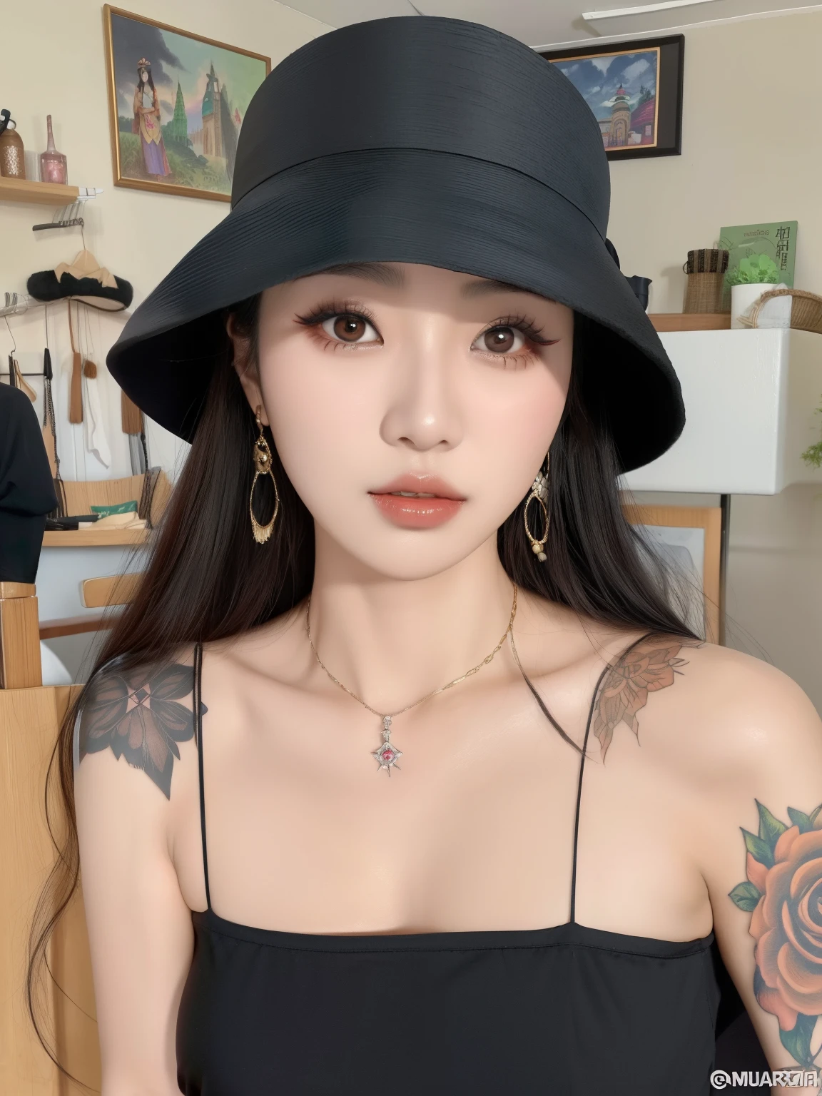 Mujer arafed con sombrero negro y vestido negro., Hermosa mujer surcoreana, ulzzang, Hermosa joven coreana, Chica coreana, Hermosa joven coreana, con una gargantilla y un lindo sombrero, de chica taiwanesa con tatuajes, Lleva una camiseta negra sin mangas, maquillaje popular de Corea del Sur, cruel korean goth girl, beautiful asian girl, con sombrero