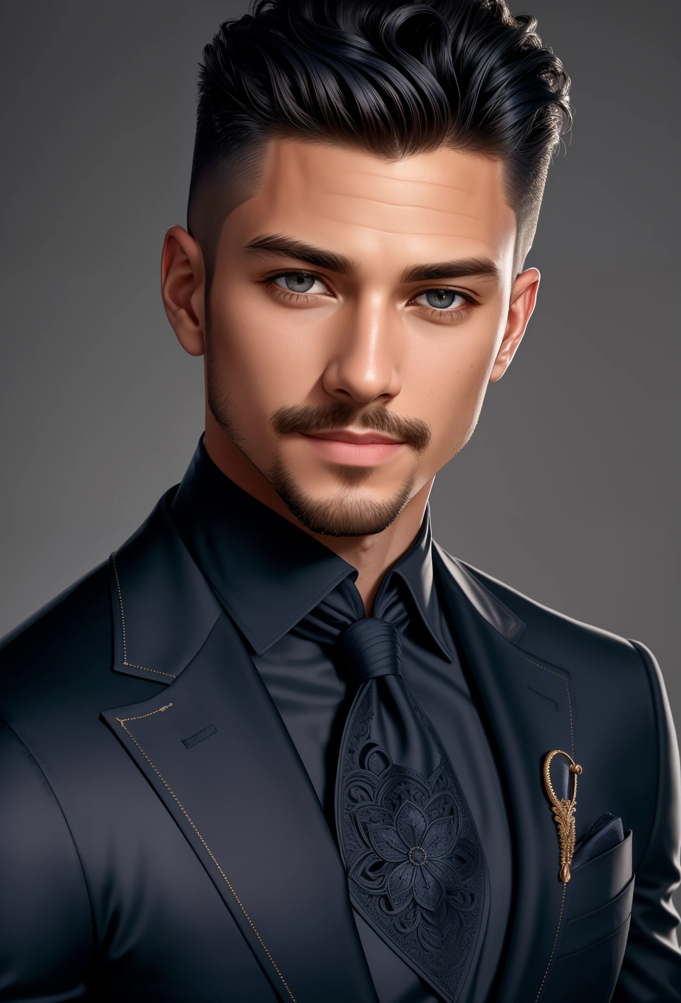 undercucho, headshot, (jacked charlzcjm, bright hazel green eyes), (curly low fade haircut:1.14), (sunburned skin, 5 o'clock shadow) ((smirking, buff)), detailed face, detailed iris, full lips, ((cute, wearing a modern luxury dark navy blue suit, pocket handkerchief, buff, wavy low fade haircut)), ((grey background, symmetrical facial features)), intricate details, studio lighting, 80mm, portrait, shallow depth of field, CEO, smirking, happy 8k uhd, dslr, soft lighting, high quality, film grain, Fujifilm XT3
