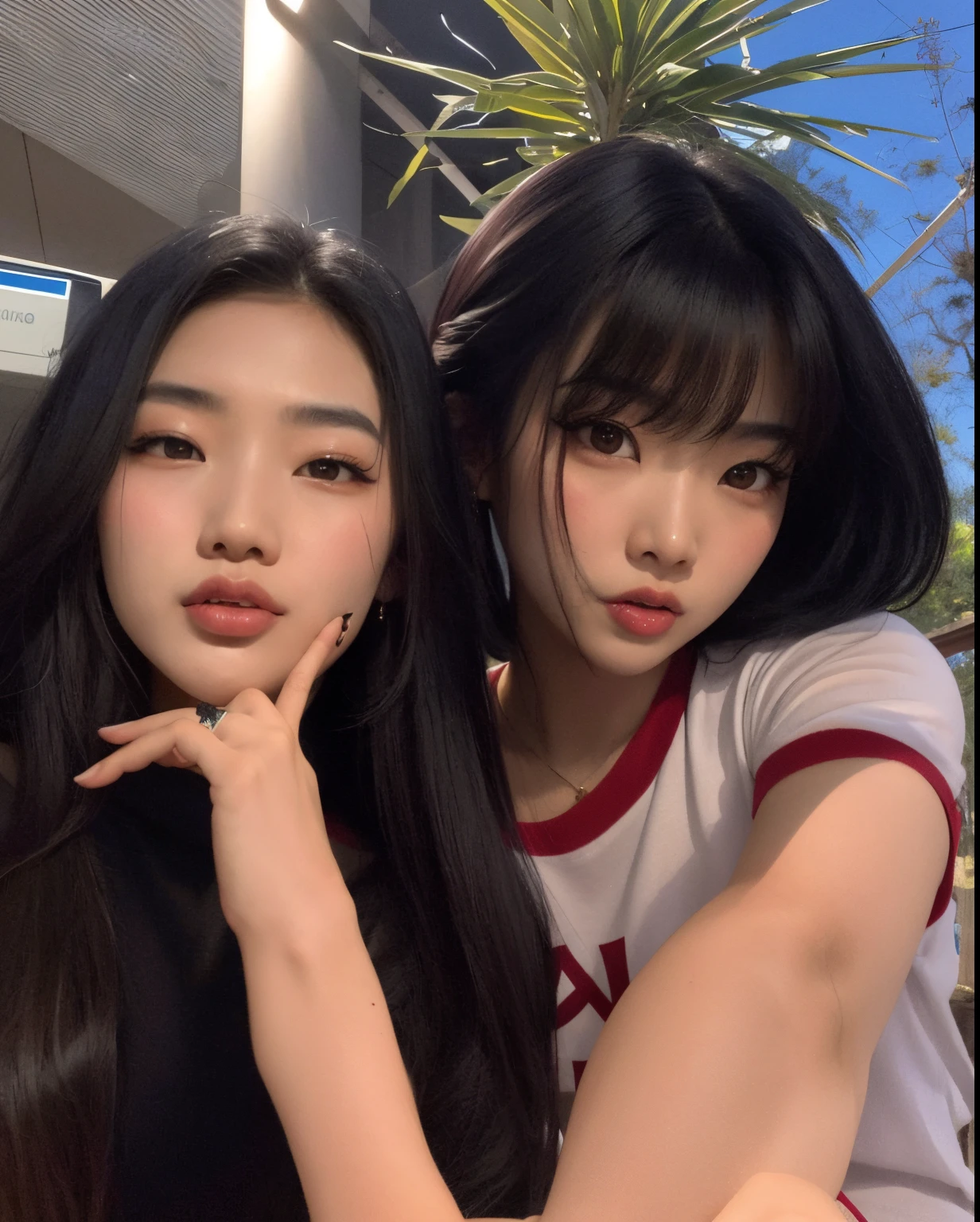 two asian women posing for a photo with their fingers up, Ulzzang, Nixeu e Sakimichan, Ela tem cabelo preto com franja, Jinyoung Canela, Yoshitomo Nara e Aya Takano, foto de perfil, 👅 👅, com preto, Lalisa Manobal, Jaeyeon Nam, foto do perfil, KDA e Sam Yang, imagem de perfil
